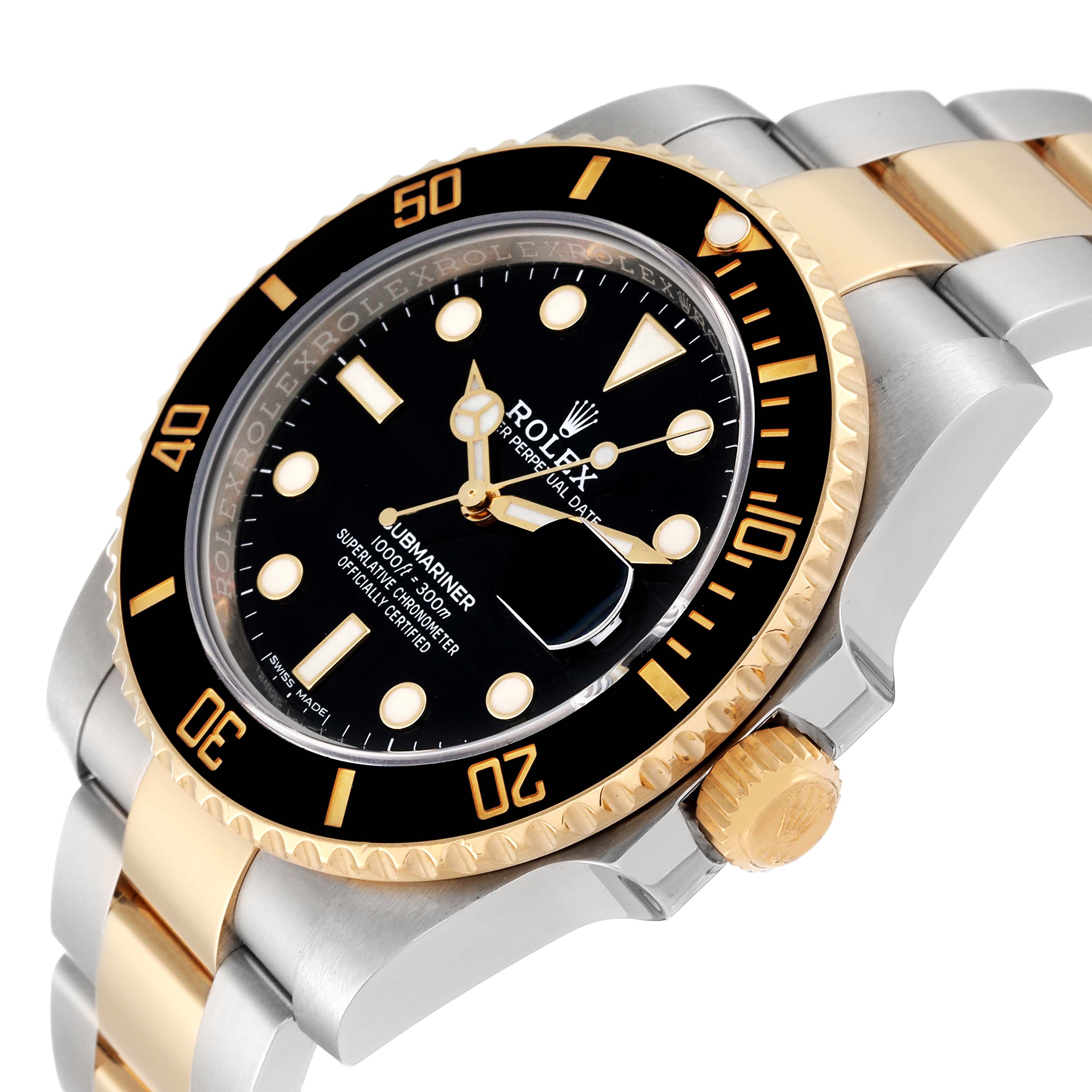 The image shows a Rolex Submariner 116613LN Men's Steel and Gold (two tone) Black Dial 116613LN Men's Steel and Gold (two tone) Black Dial watch from an angled view highlighting its black dial, rotating bezel, and two-tone bracelet.