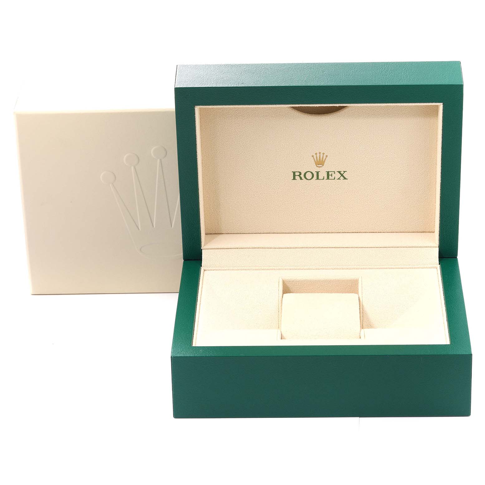 The image shows an empty Rolex Submariner 116613LN Men's Steel and Gold (two tone) Black Dial 116613LN Men's Steel and Gold (two tone) Black Dial watch box from a front angle, with green exterior and beige interior.
