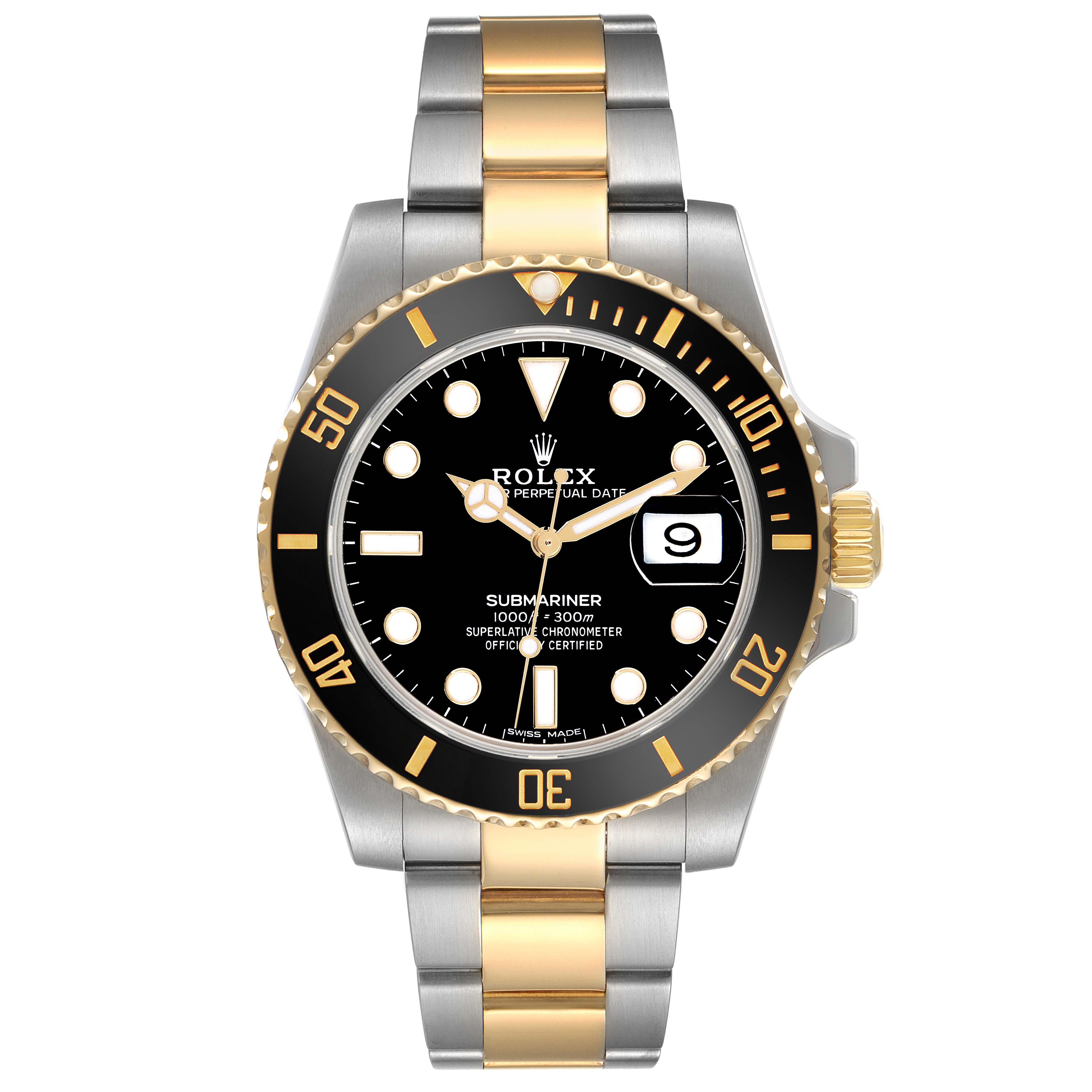 The image shows a front view of the Rolex Submariner 116613LN Men's Steel and Gold (two tone) Black Dial 116613LN Men's Steel and Gold (two tone) Black Dial watch, highlighting its dial, bezel, and two-tone bracelet.