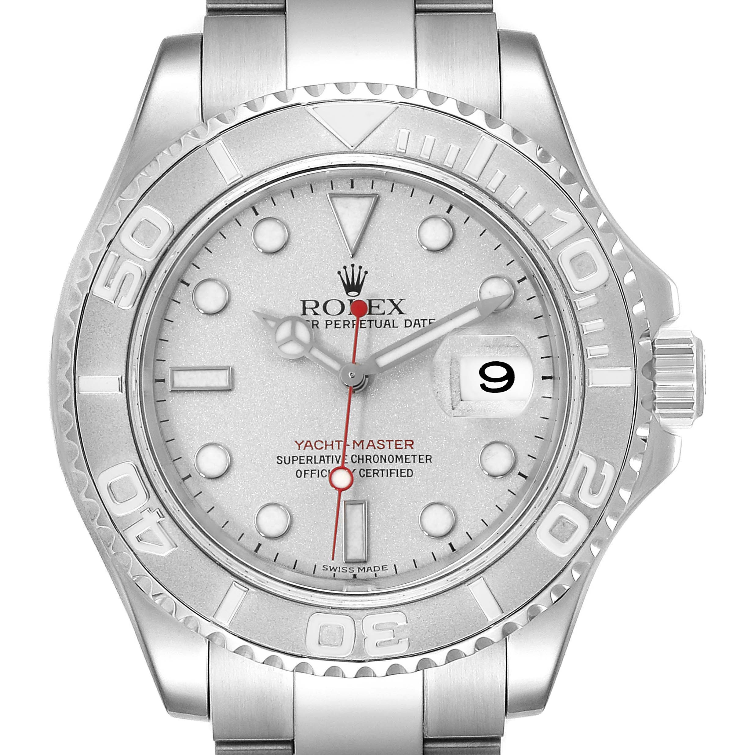 This image shows a front view of the Rolex Yacht-Master 16622 Men
s Stainless Steel Silver Dial 16622 Men
s Stainless Steel Silver Dial watch, highlighting the dial, bezel, hands, and bracelet.