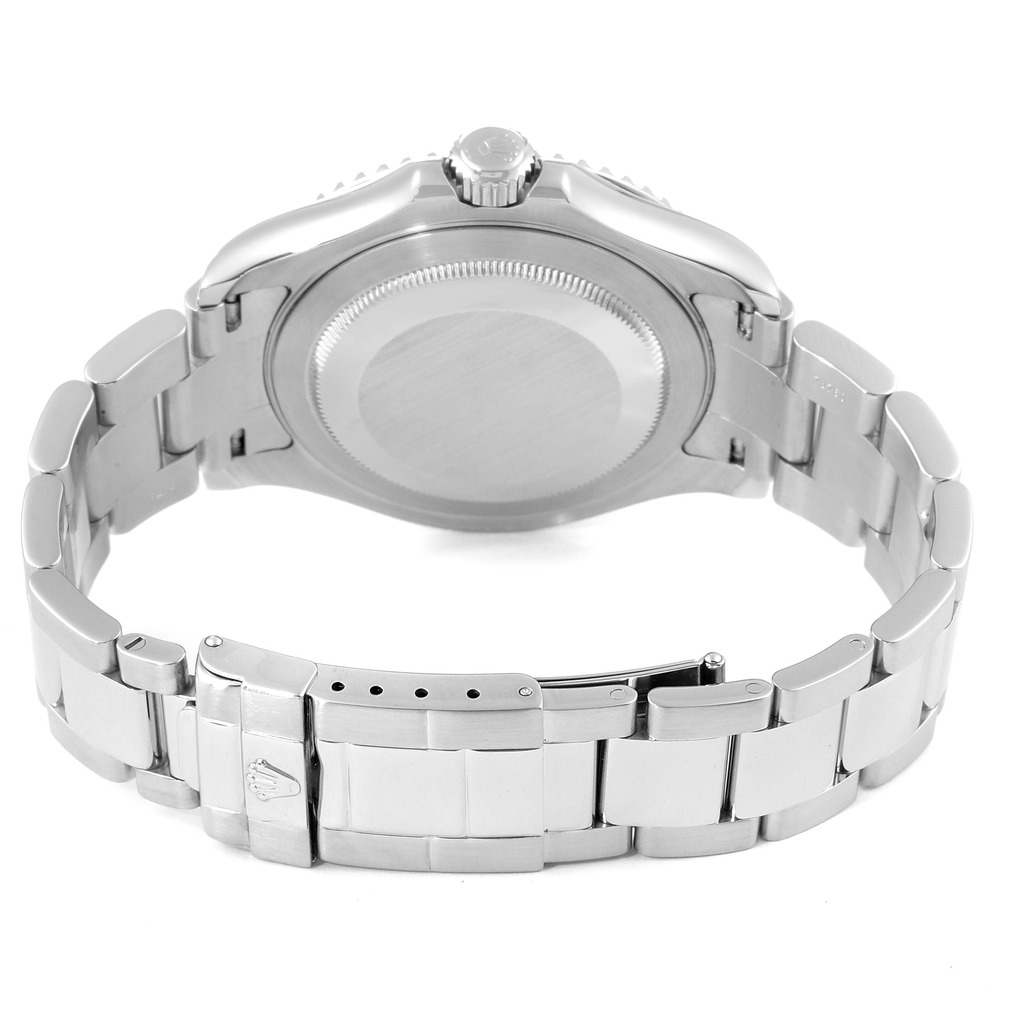 This image shows the back view of a Rolex Yacht-Master 16622 Men
s Stainless Steel Silver Dial 16622 Men
s Stainless Steel Silver Dial watch, including its case back and metal bracelet with clasp.