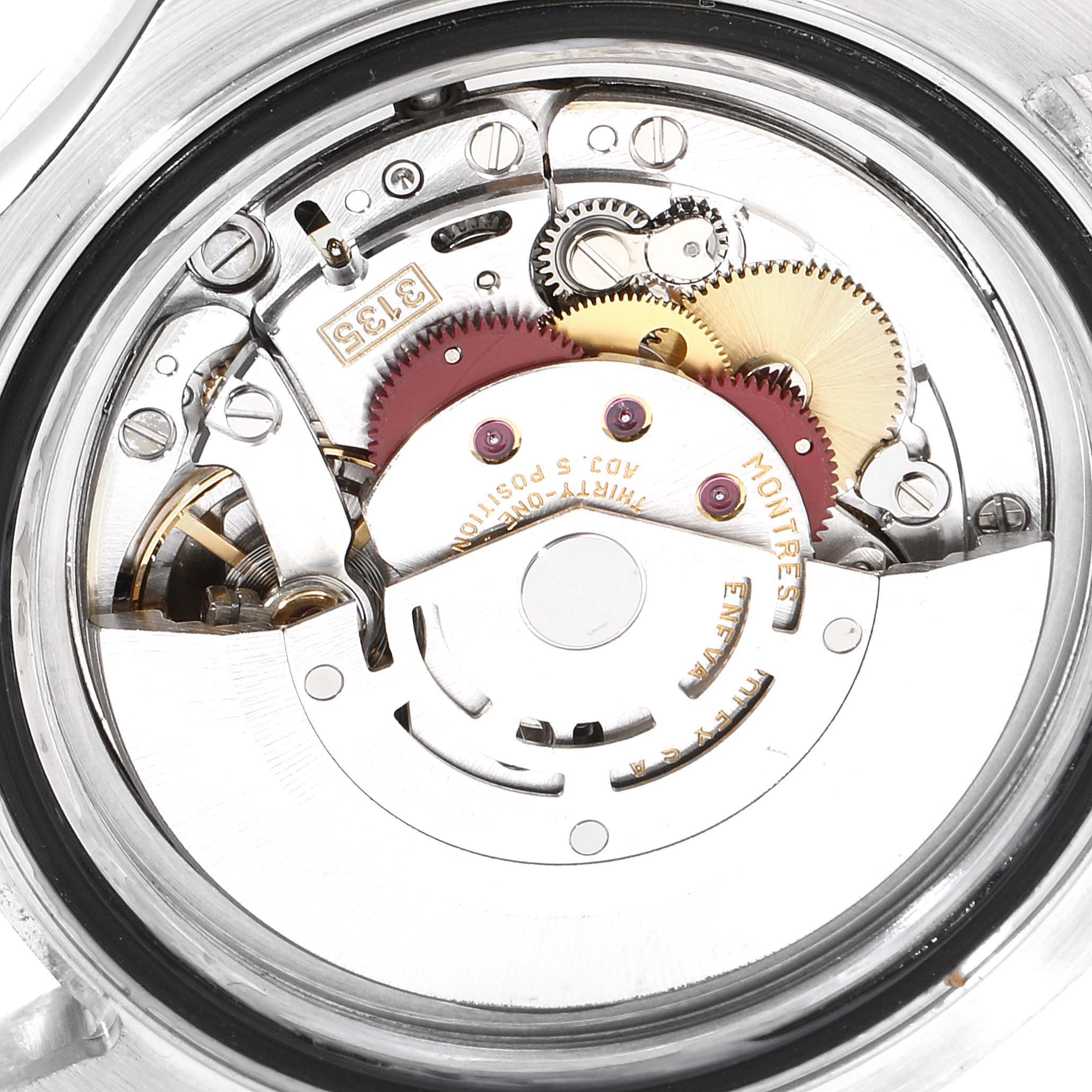 This image shows the movement and intricate inner mechanisms of a Rolex Yacht-Master 16622 Men
s Stainless Steel Silver Dial 16622 Men
s Stainless Steel Silver Dial watch from a rear angle.