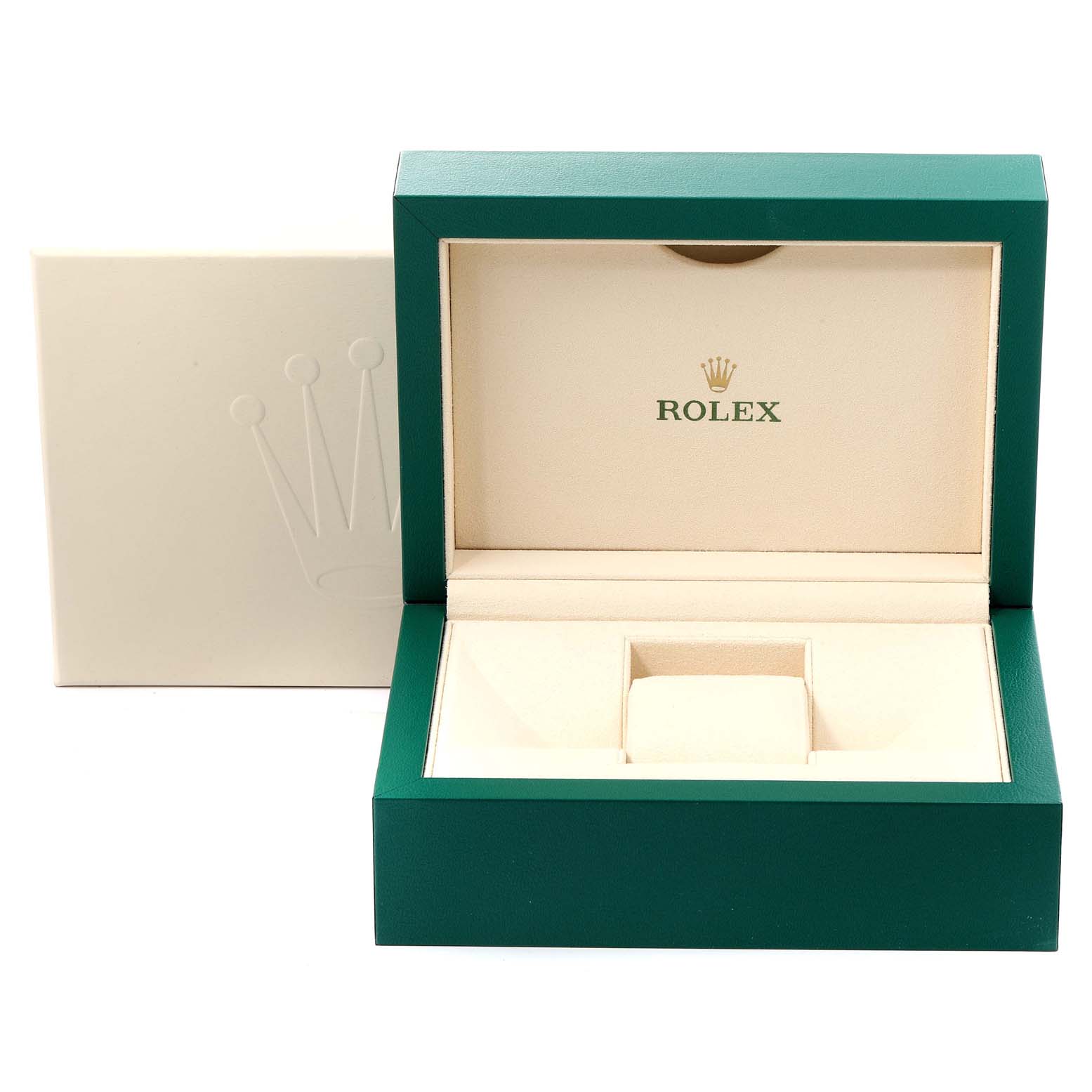 This image shows an open Rolex Yacht-Master 16622 Men
s Stainless Steel Silver Dial 16622 Men
s Stainless Steel Silver Dial watch box with its packaging.