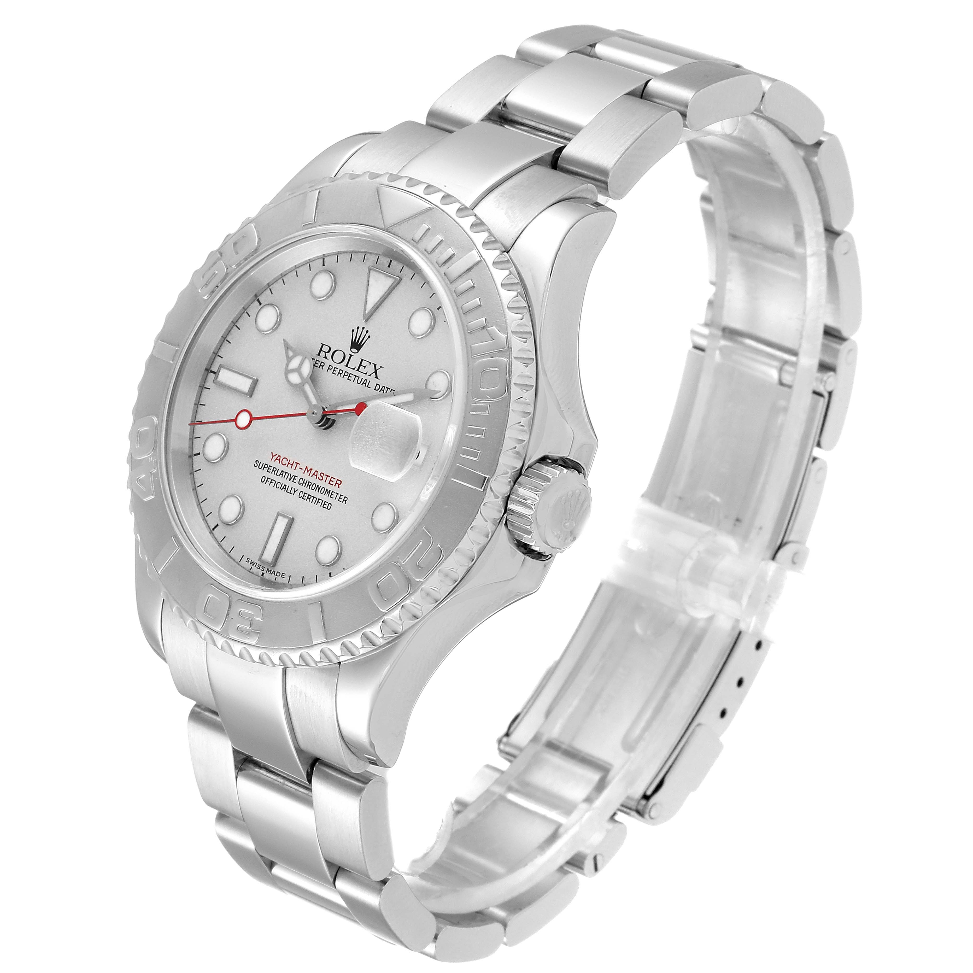 The image shows a side-angle view of a Rolex Yacht-Master 16622 Men
s Stainless Steel Silver Dial 16622 Men
s Stainless Steel Silver Dial watch, highlighting the dial, bezel, crown, and bracelet.