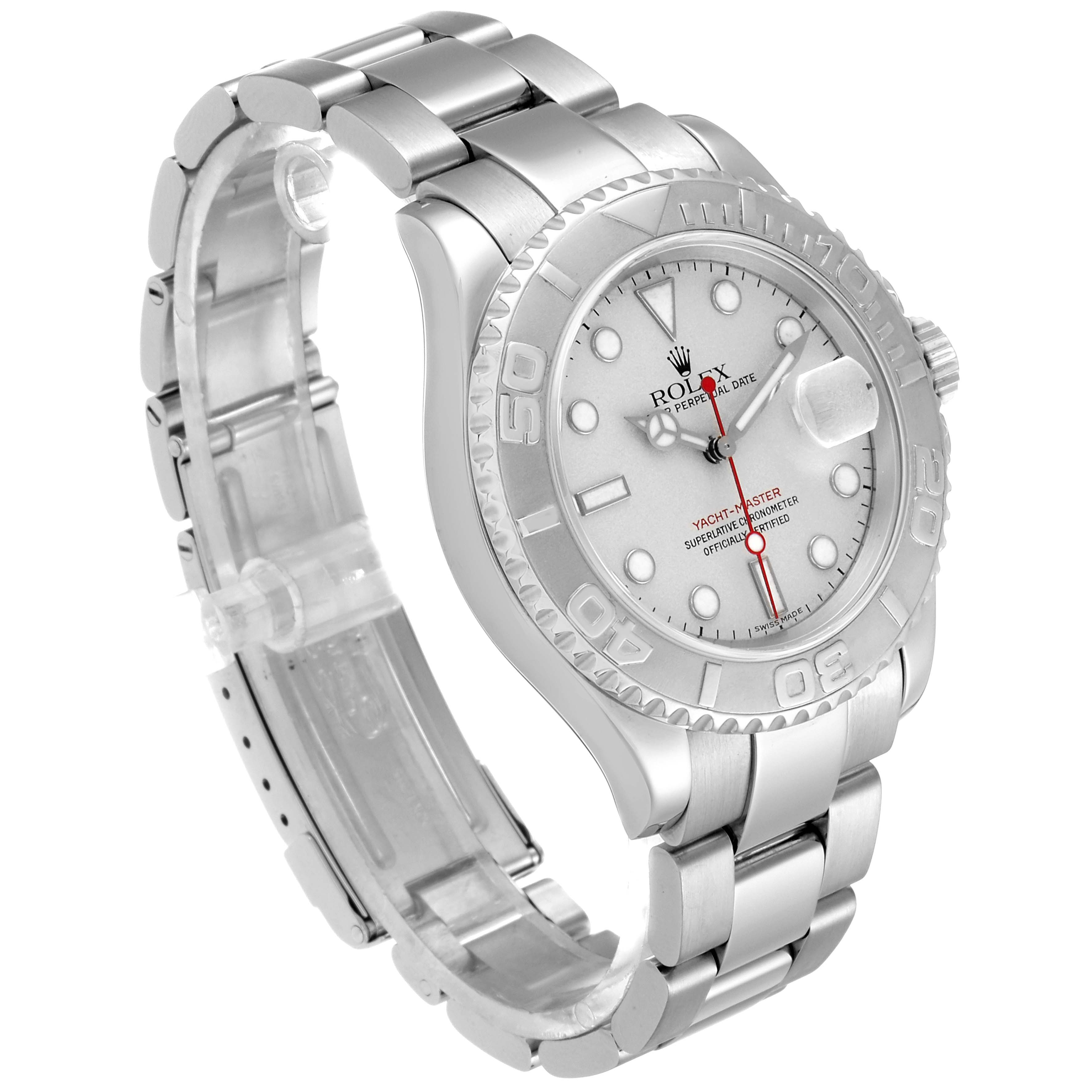 The image shows a side angle of a Rolex Yacht-Master 16622 Men
s Stainless Steel Silver Dial 16622 Men
s Stainless Steel Silver Dial watch, displaying the case, bezel, dial, and bracelet.