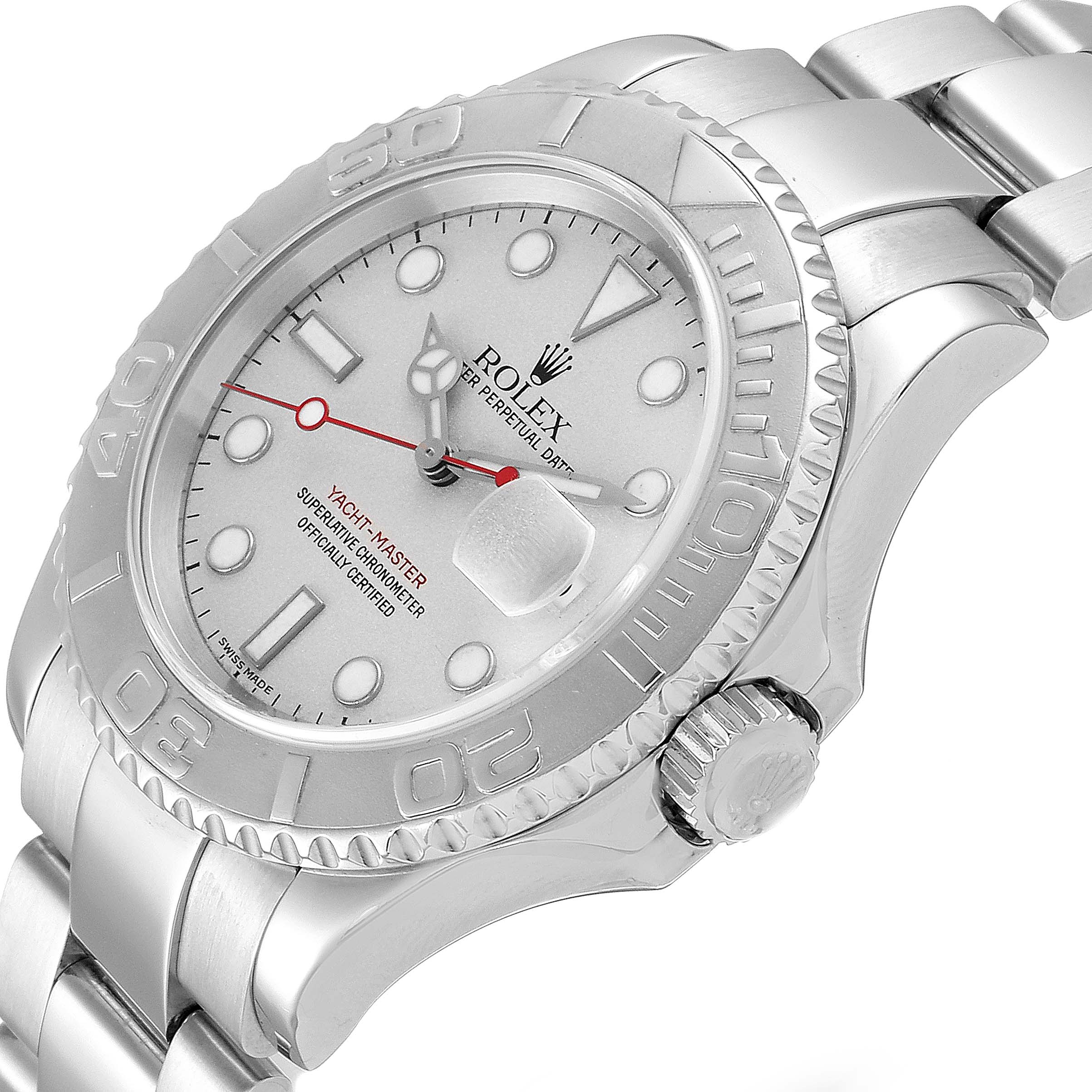 The Rolex Yacht-Master 16622 Men
s Stainless Steel Silver Dial 16622 Men
s Stainless Steel Silver Dial watch is angled to show the side and top, highlighting the dial, bezel, crown, and bracelet.