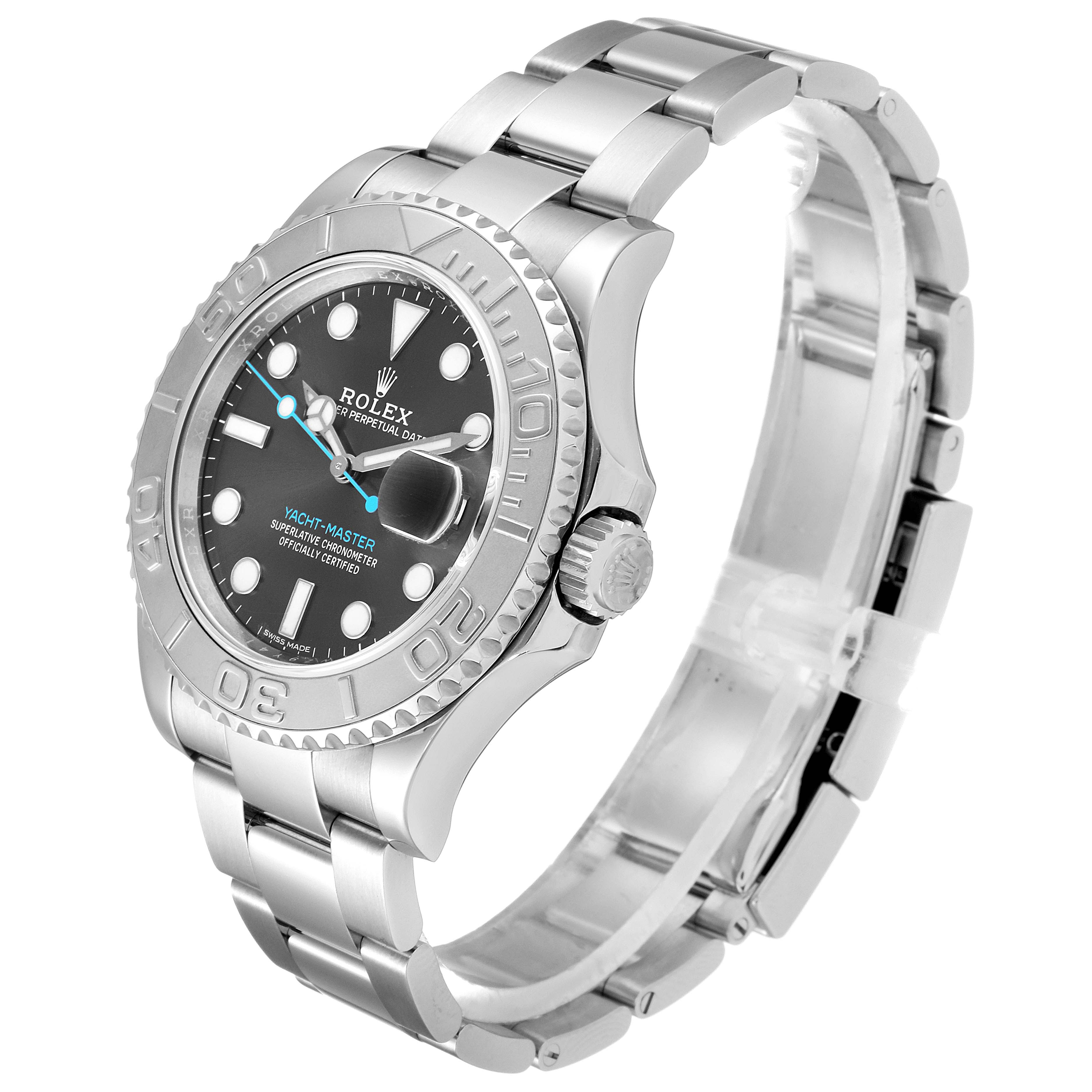 This Rolex Yacht-Master 116622 Men
s Stainless Steel Grey Dial 116622 Men
s Stainless Steel Grey Dial watch is shown at a front-side angle, highlighting its dial, bezel, crown, and bracelet.