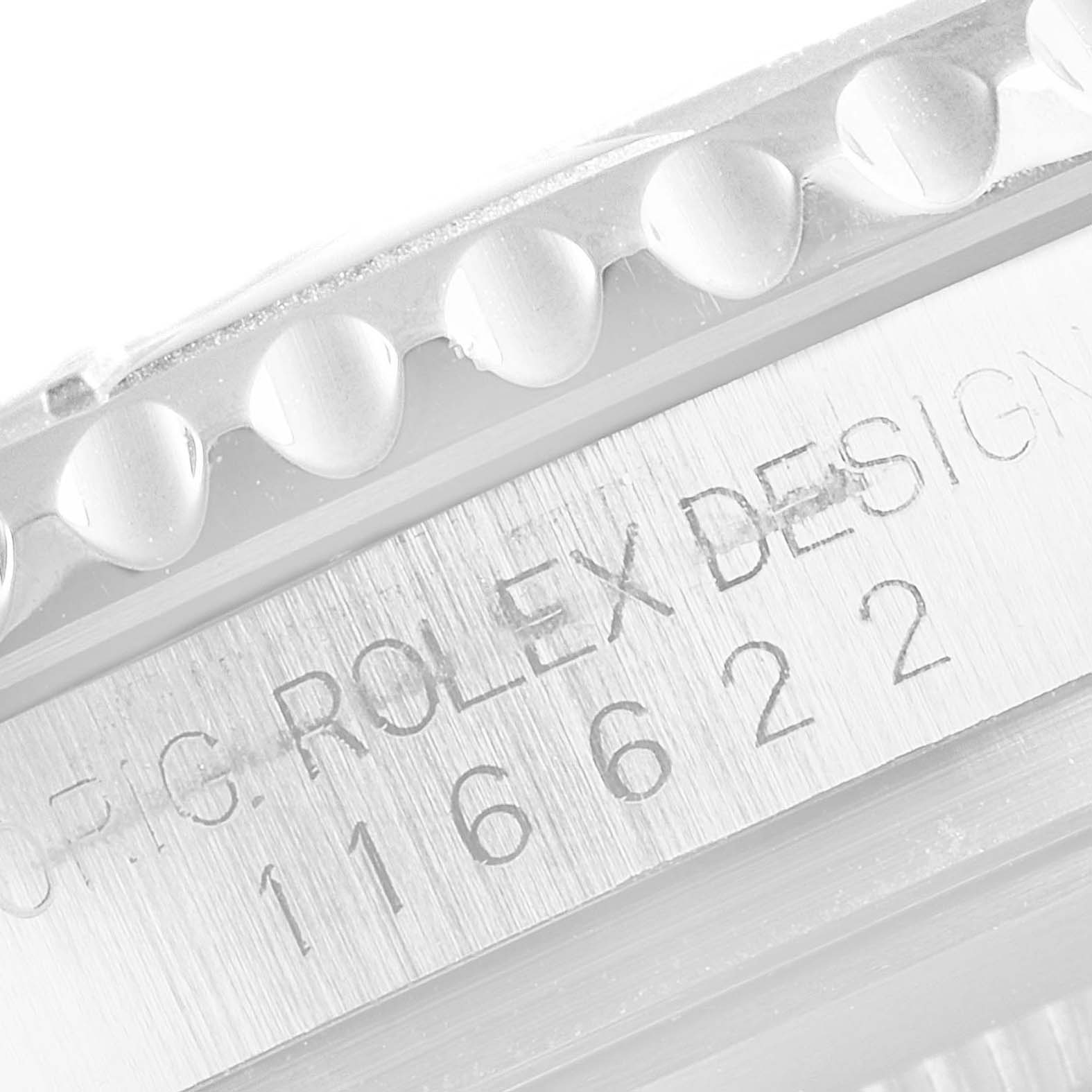 This close-up image shows the engraved model number and part of the bezel of the Rolex Yacht-Master 116622 Men
s Stainless Steel Grey Dial 116622 Men
s Stainless Steel Grey Dial watch.