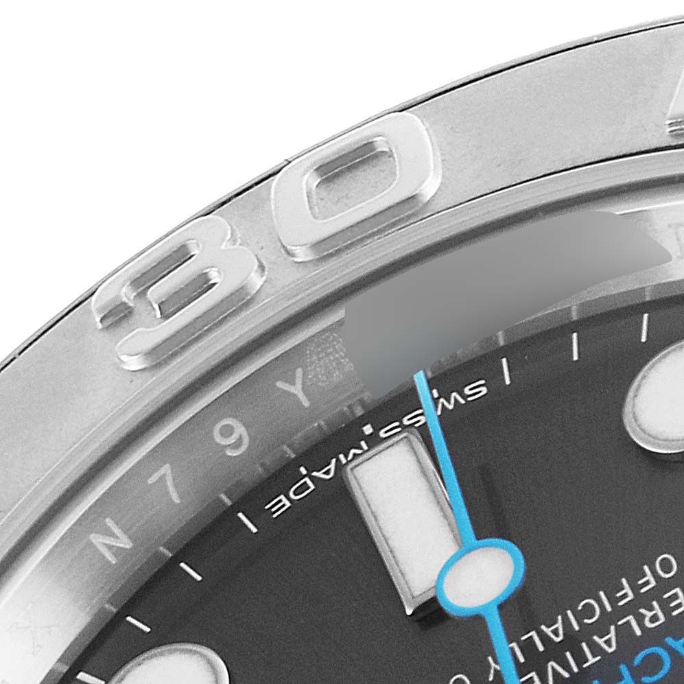 This close-up angle of the Rolex Yacht-Master 116622 Men
s Stainless Steel Grey Dial 116622 Men
s Stainless Steel Grey Dial watch shows the bezel, dial, and seconds hand.