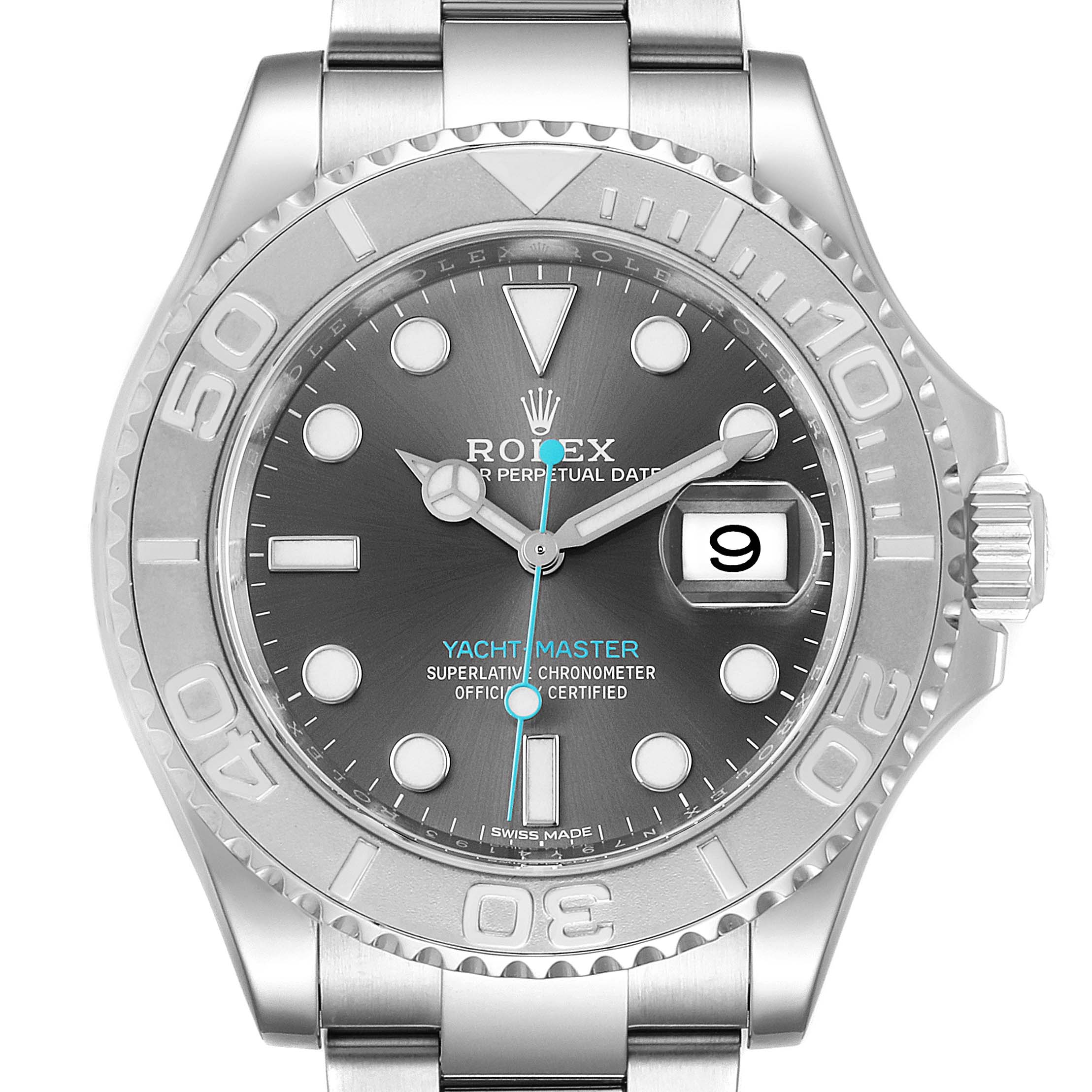 The Rolex Yacht-Master 116622 Men
s Stainless Steel Grey Dial 116622 Men
s Stainless Steel Grey Dial watch is shown from the front, displaying the face, bezel, and part of the bracelet.