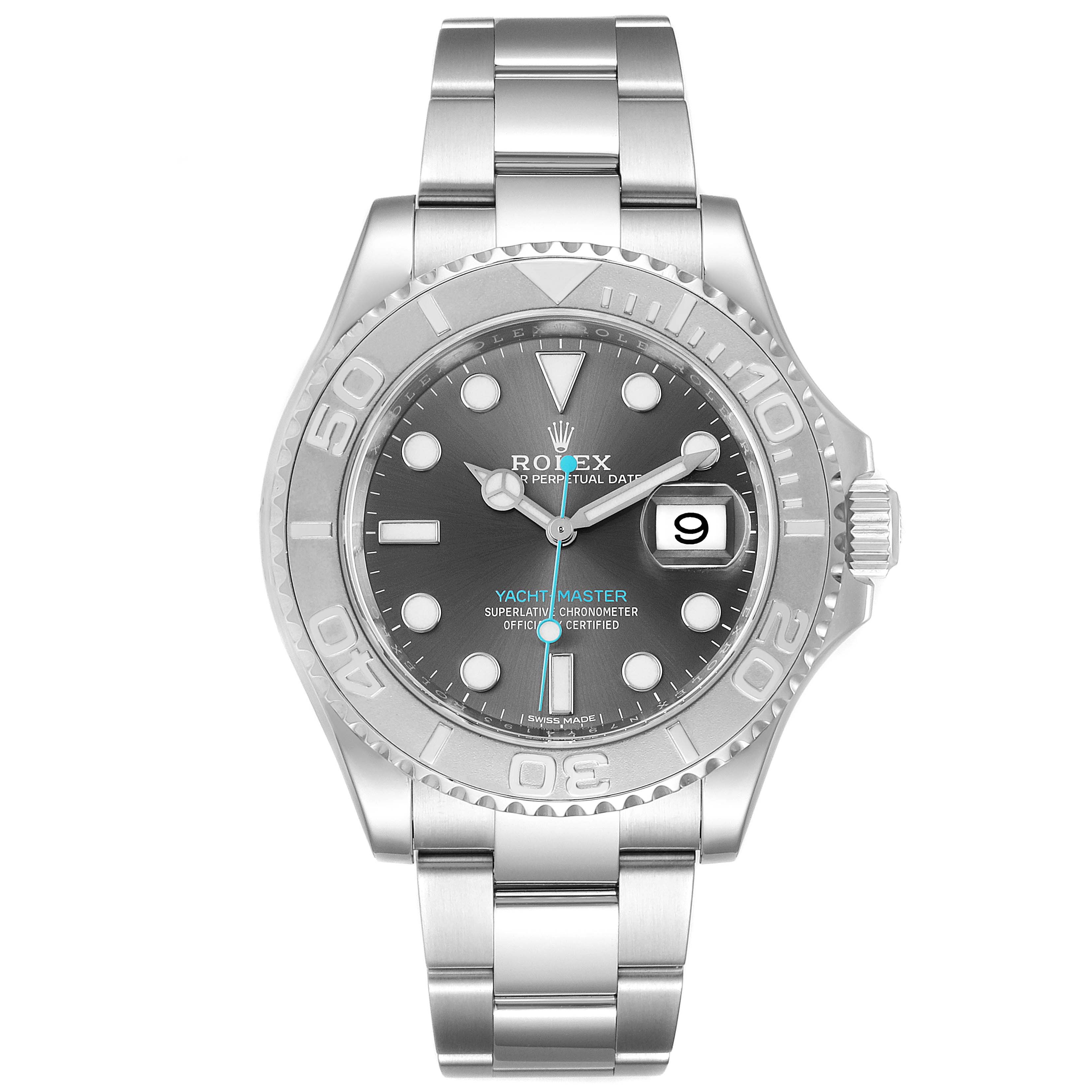 The image shows a front view of the Rolex Yacht-Master 116622 Men
s Stainless Steel Grey Dial 116622 Men
s Stainless Steel Grey Dial watch, displaying its face, bezel, hands, and bracelet.