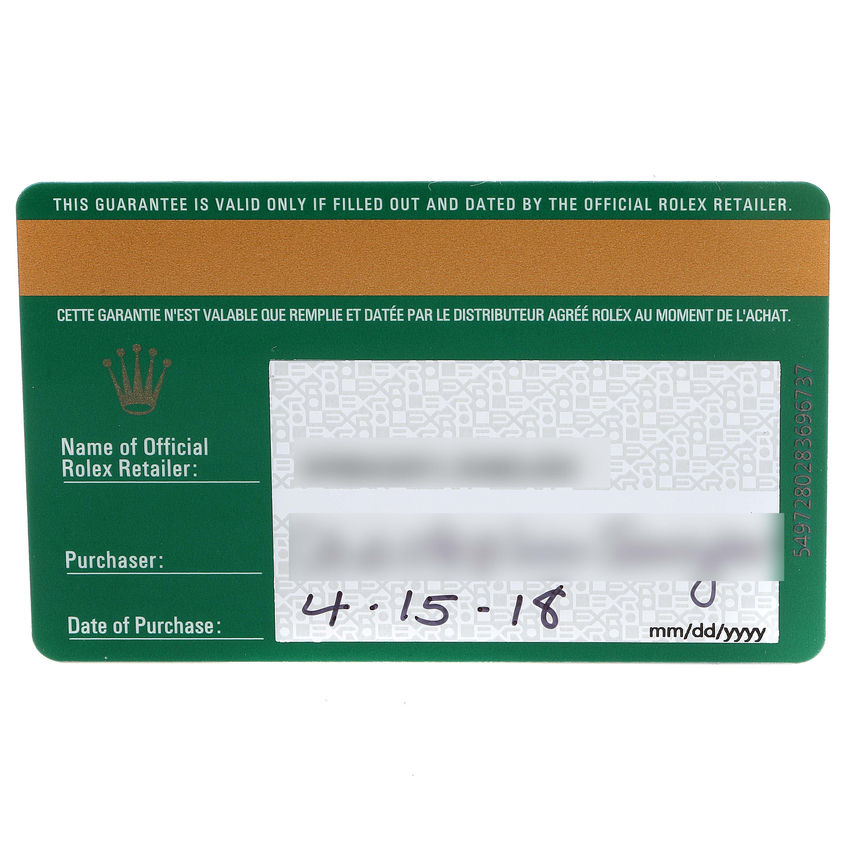 This is an official guarantee card for the Rolex Yacht-Master 116622 Men
s Stainless Steel Grey Dial 116622 Men
s Stainless Steel Grey Dial watch, showing the date of purchase and retailer information.