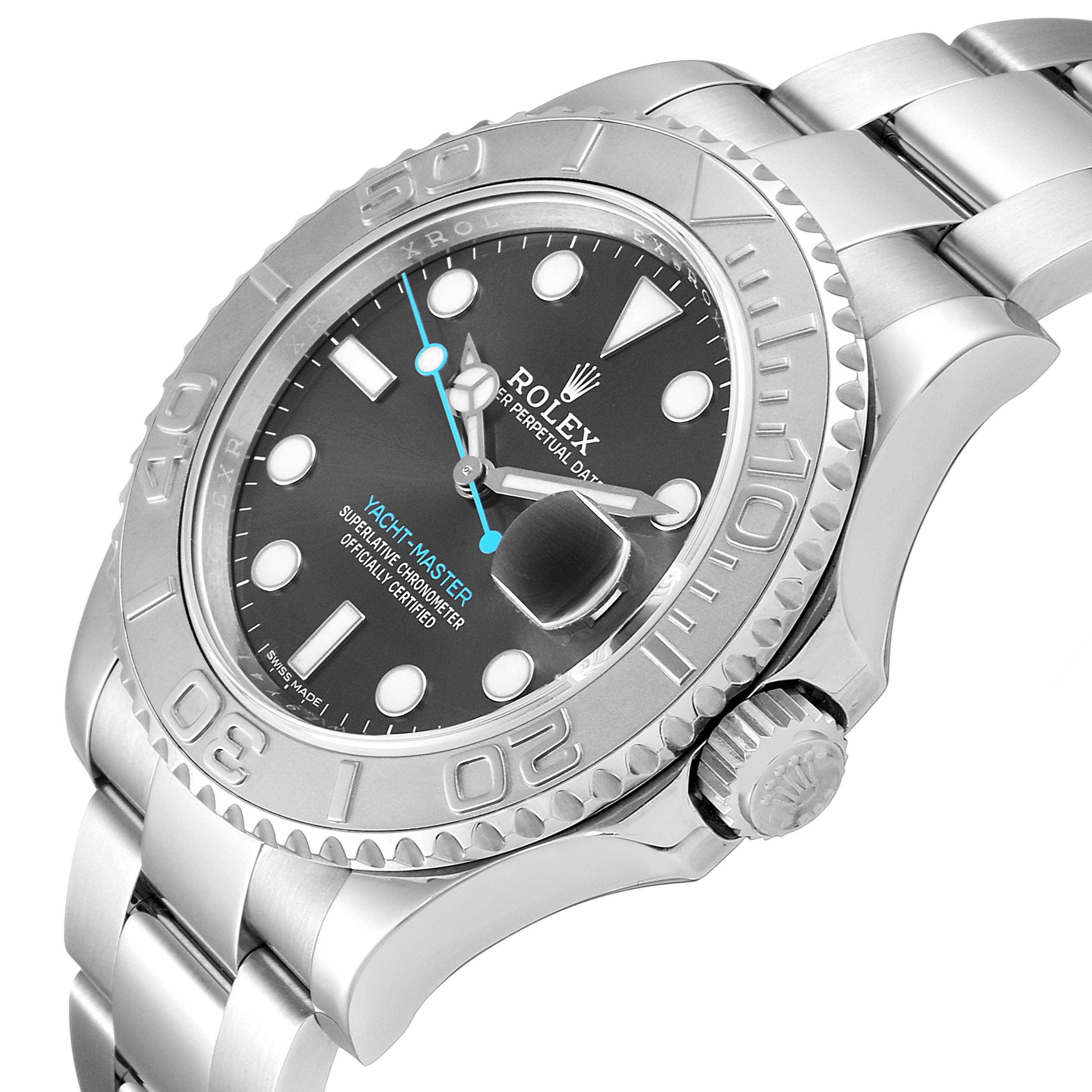 The image shows a side angle of the Rolex Yacht-Master 116622 Men
s Stainless Steel Grey Dial 116622 Men
s Stainless Steel Grey Dial watch highlighting the bezel, dial, crown, and part of the bracelet.