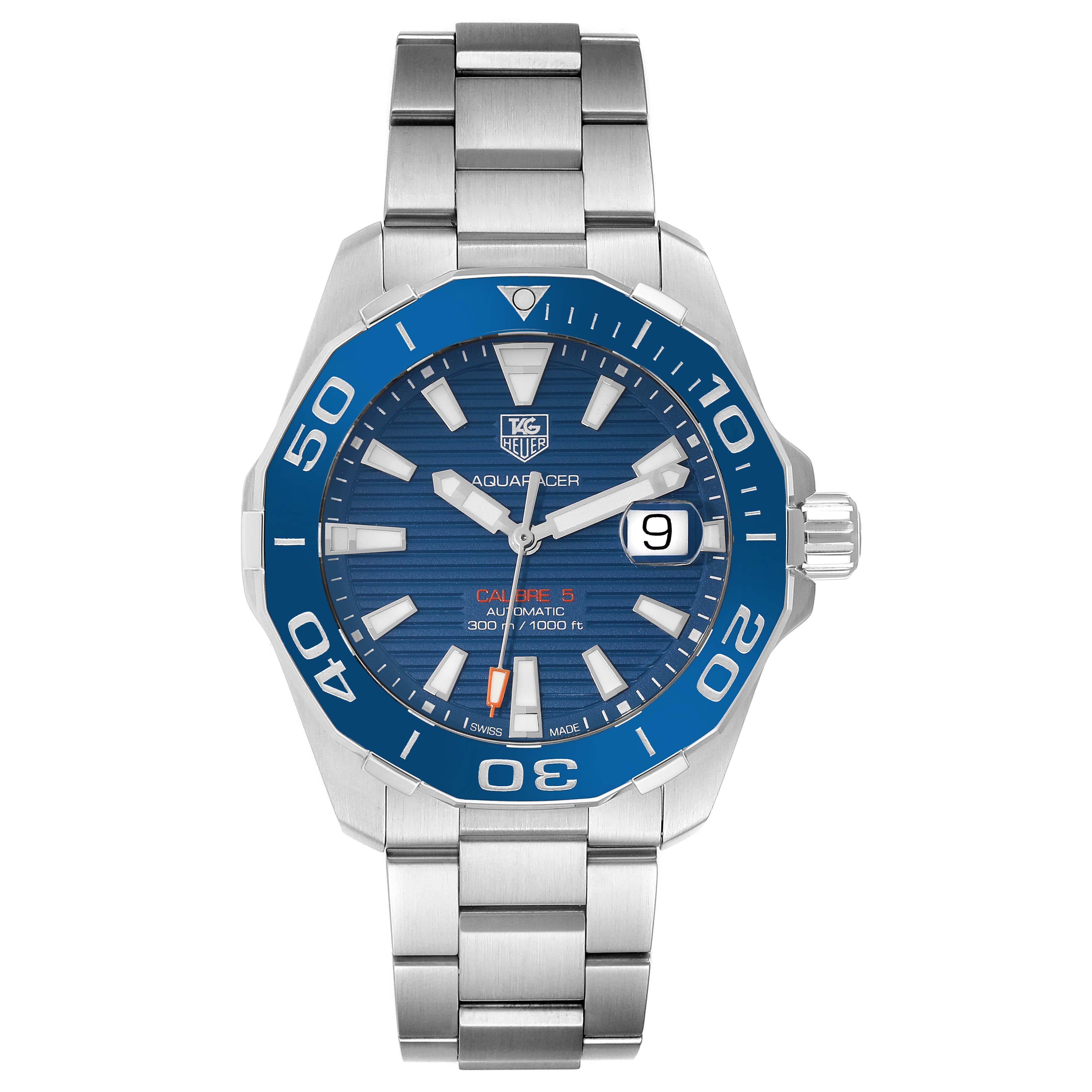 The Tag Heuer Aquaracer WAY211C.BA0928 Men's Stainless Steel Blue Dial WAY211C.BA0928 Men's Stainless Steel Blue Dial watch is shown from a top-down angle, displaying its blue dial, bezel, and stainless steel bracelet.