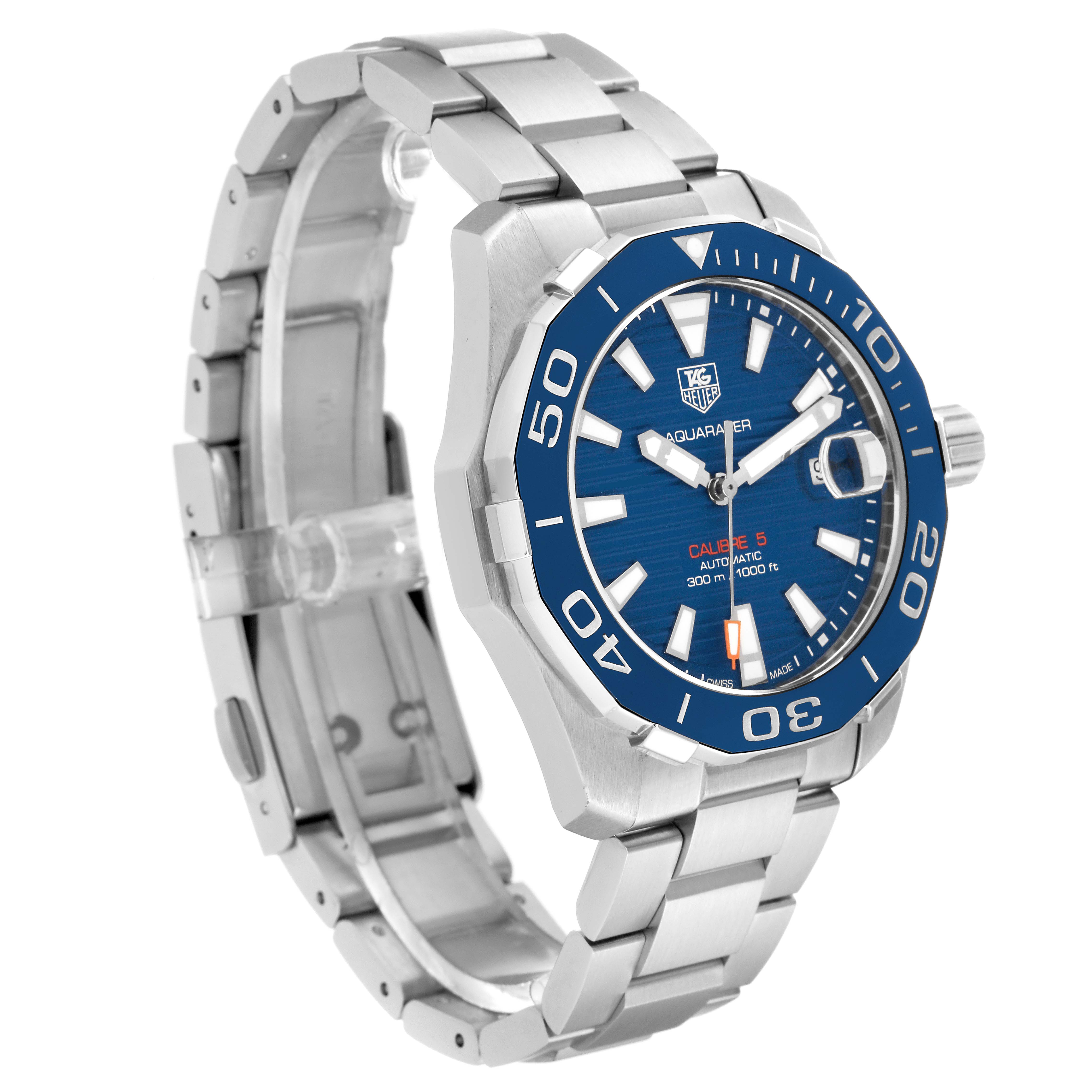 The Tag Heuer Aquaracer WAY211C.BA0928 Men's Stainless Steel Blue Dial WAY211C.BA0928 Men's Stainless Steel Blue Dial watch is shown from a three-quarter front angle, highlighting the blue dial, bezel, and stainless steel bracelet.