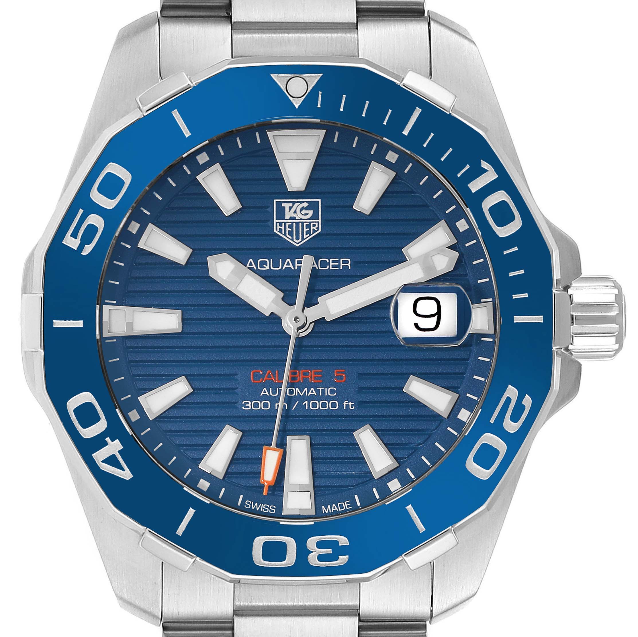This image shows a frontal view of the Tag Heuer Aquaracer WAY211C.BA0928 Men's Stainless Steel Blue Dial WAY211C.BA0928 Men's Stainless Steel Blue Dial watch, highlighting its blue dial, bezel, and date indicator.
