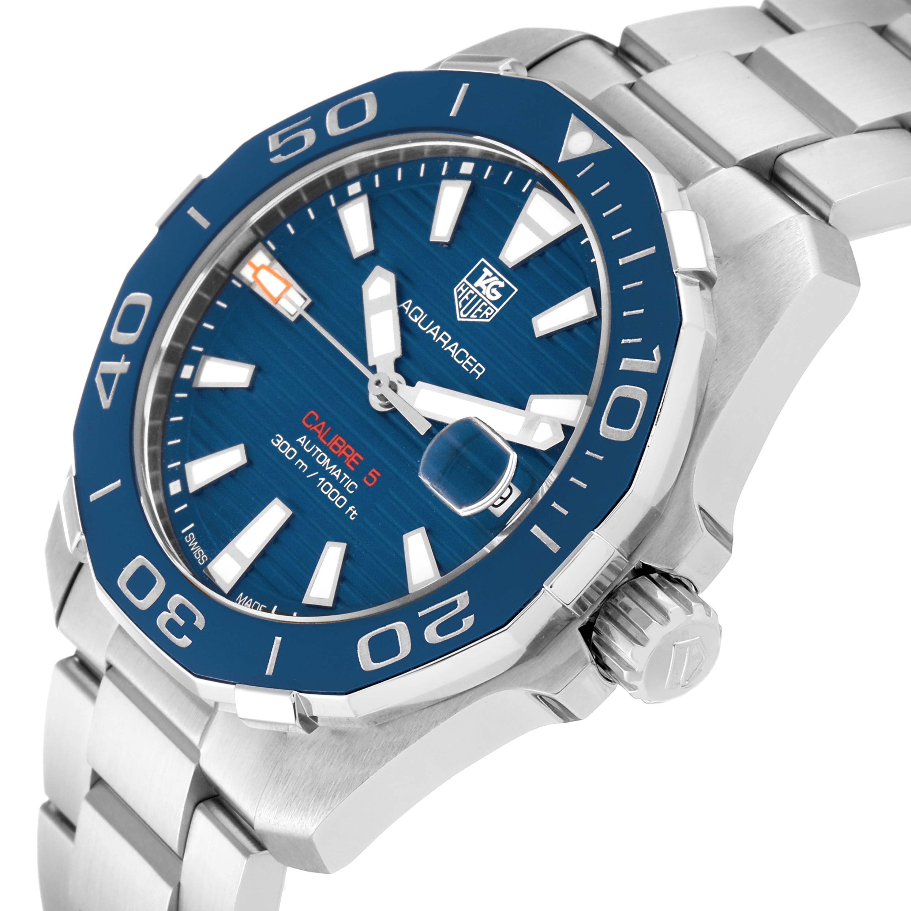 The image shows a Tag Heuer Aquaracer WAY211C.BA0928 Men's Stainless Steel Blue Dial WAY211C.BA0928 Men's Stainless Steel Blue Dial watch at an angled view focusing on its face, bezel, crown, and part of the bracelet.