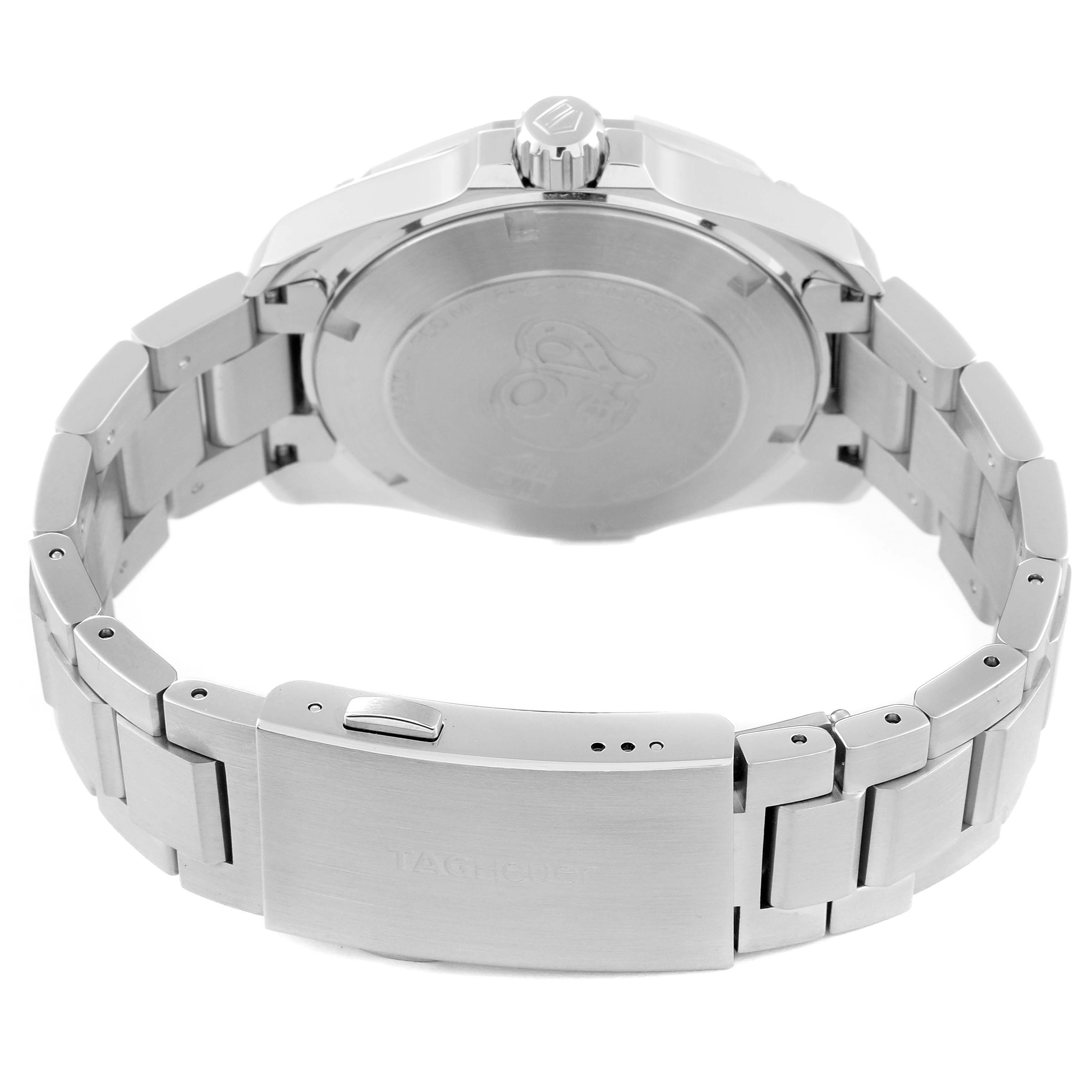 The image shows the back view of a Tag Heuer Aquaracer WAY211C.BA0928 Men's Stainless Steel Blue Dial WAY211C.BA0928 Men's Stainless Steel Blue Dial watch, highlighting the case back, crown, and bracelet clasp.