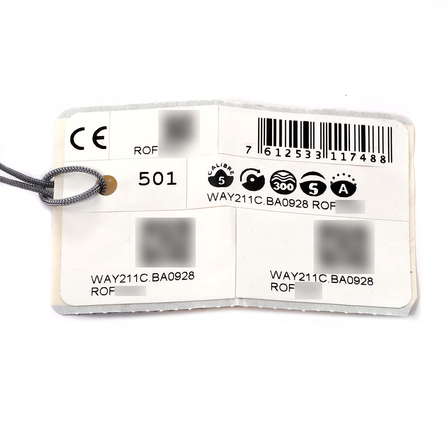 The image shows a Tag Heuer Aquaracer WAY211C.BA0928 Men's Stainless Steel Blue Dial WAY211C.BA0928 Men's Stainless Steel Blue Dial model WAY211C.BA0928 tag with model specifications and a barcode.