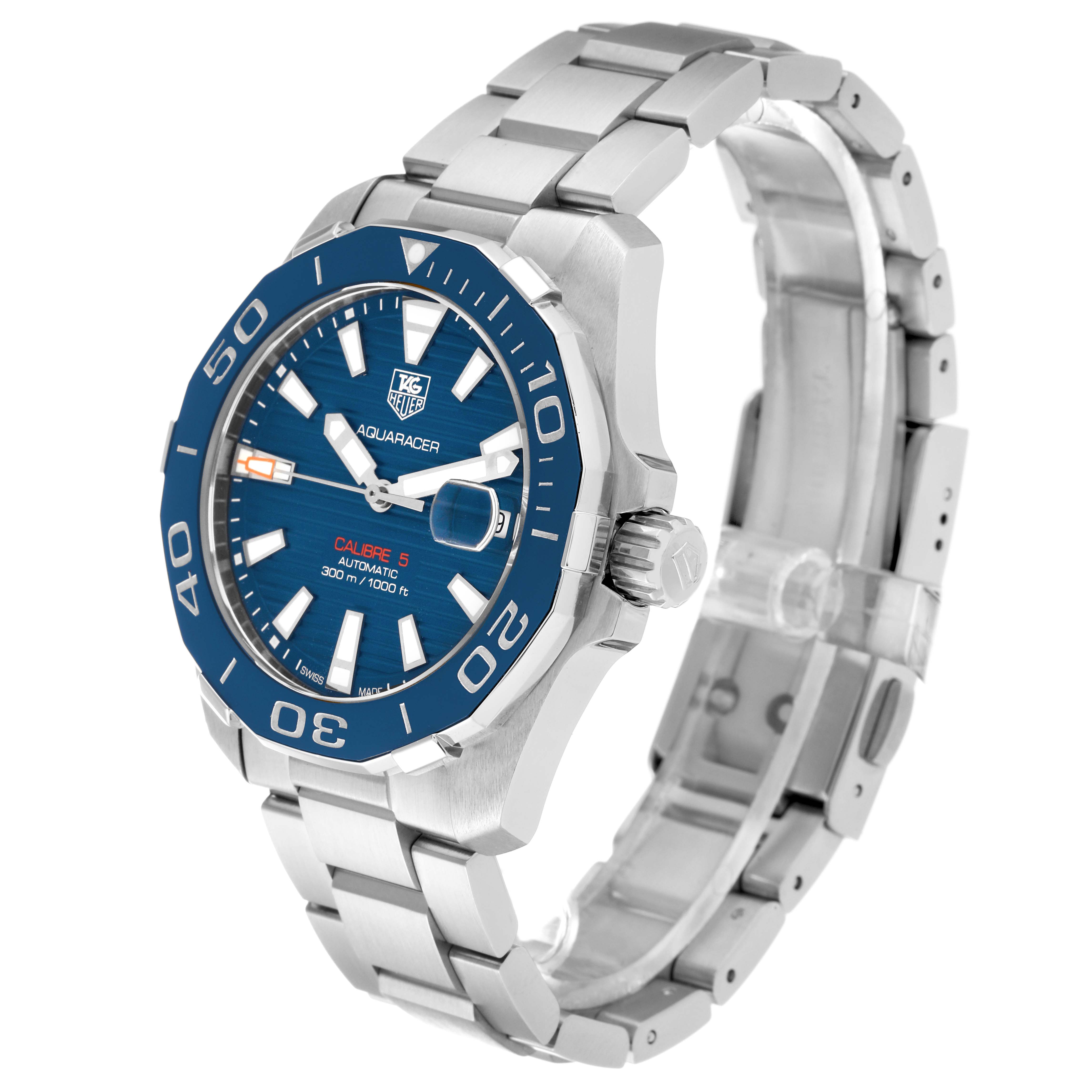 The image shows a Tag Heuer Aquaracer WAY211C.BA0928 Men's Stainless Steel Blue Dial WAY211C.BA0928 Men's Stainless Steel Blue Dial watch from an angled side view, highlighting its face, bezel, and bracelet.