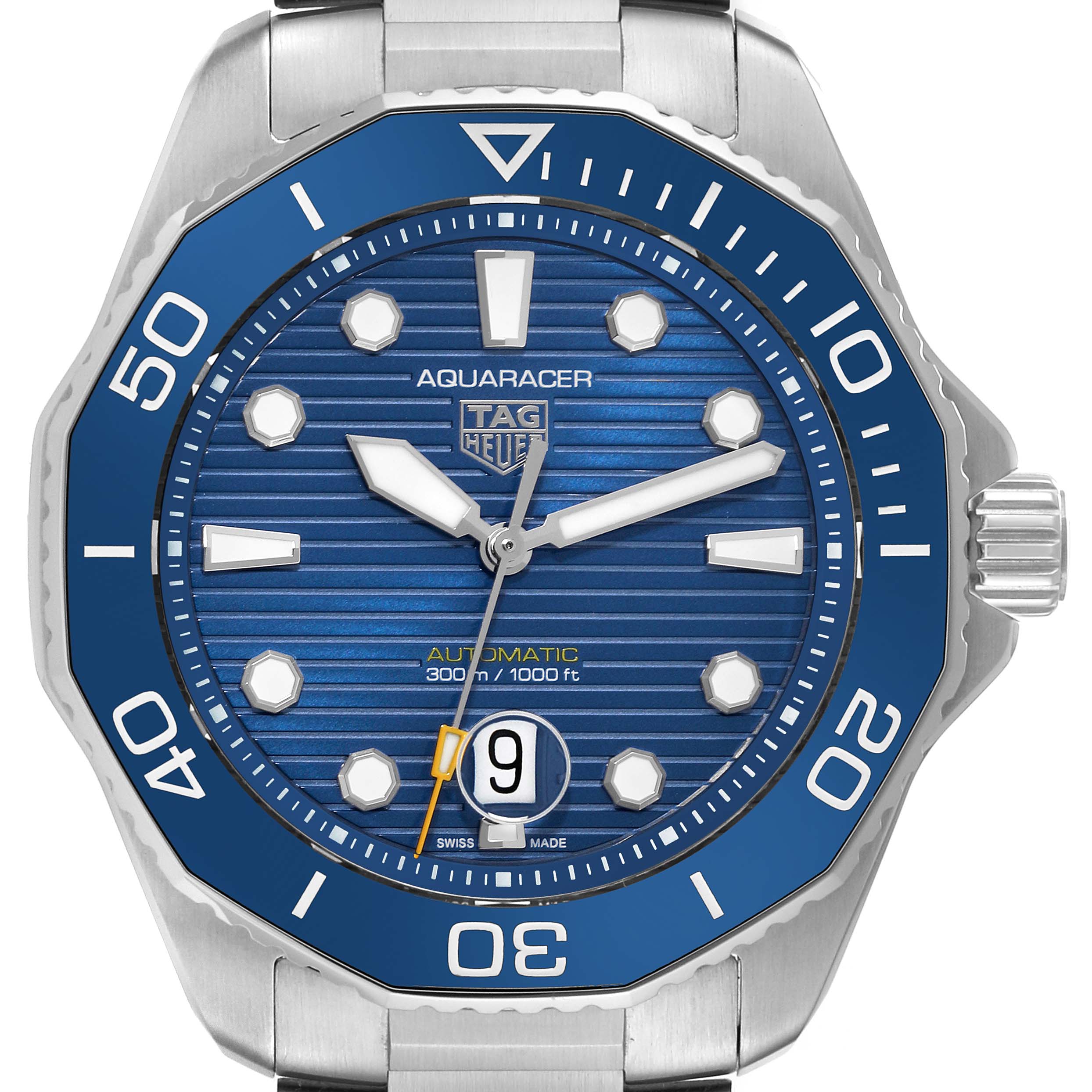 The image shows a front view of a Tag Heuer Aquaracer WBP201B.BA0632 Men's Stainless Steel Blue Dial WBP201B.BA0632 Men's Stainless Steel Blue Dial watch, highlighting the blue dial, bezel, and date window at 6 o'clock.
