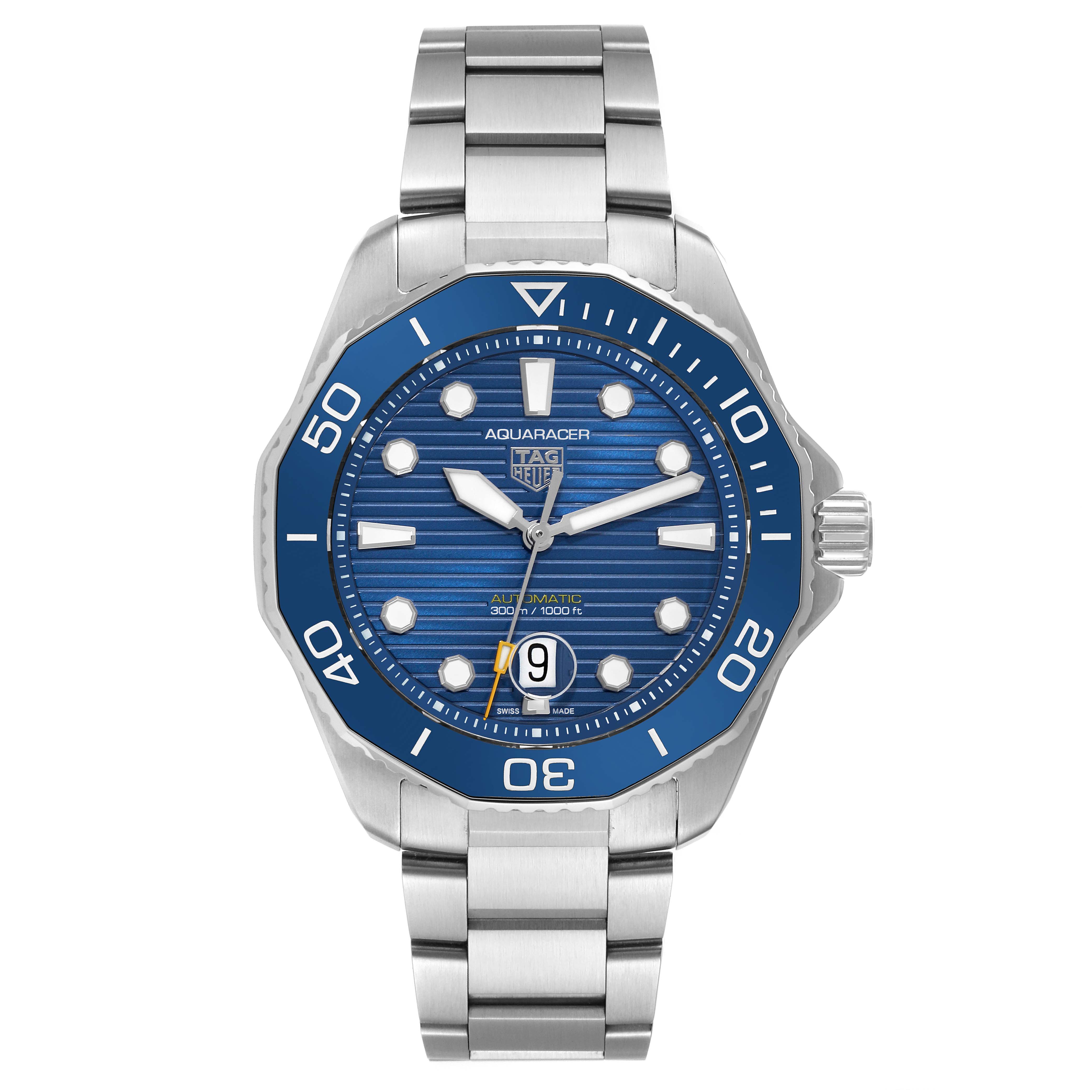 The image shows a front view of the Tag Heuer Aquaracer WBP201B.BA0632 Men's Stainless Steel Blue Dial WBP201B.BA0632 Men's Stainless Steel Blue Dial watch, highlighting its blue dial and stainless steel bracelet.