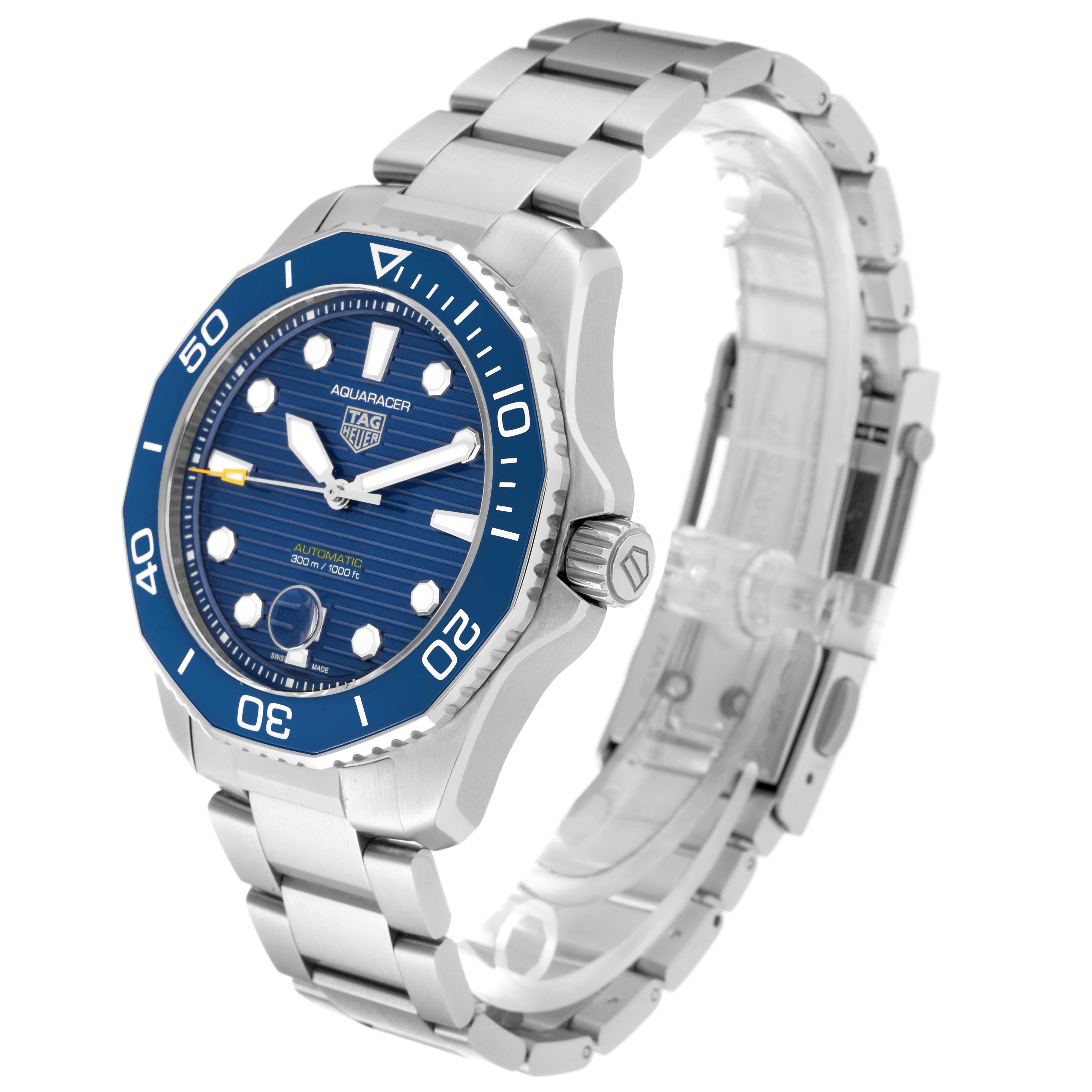 The image shows a side angle of the Tag Heuer Aquaracer WBP201B.BA0632 Men's Stainless Steel Blue Dial WBP201B.BA0632 Men's Stainless Steel Blue Dial watch, highlighting its blue dial, bezel, and stainless steel bracelet.