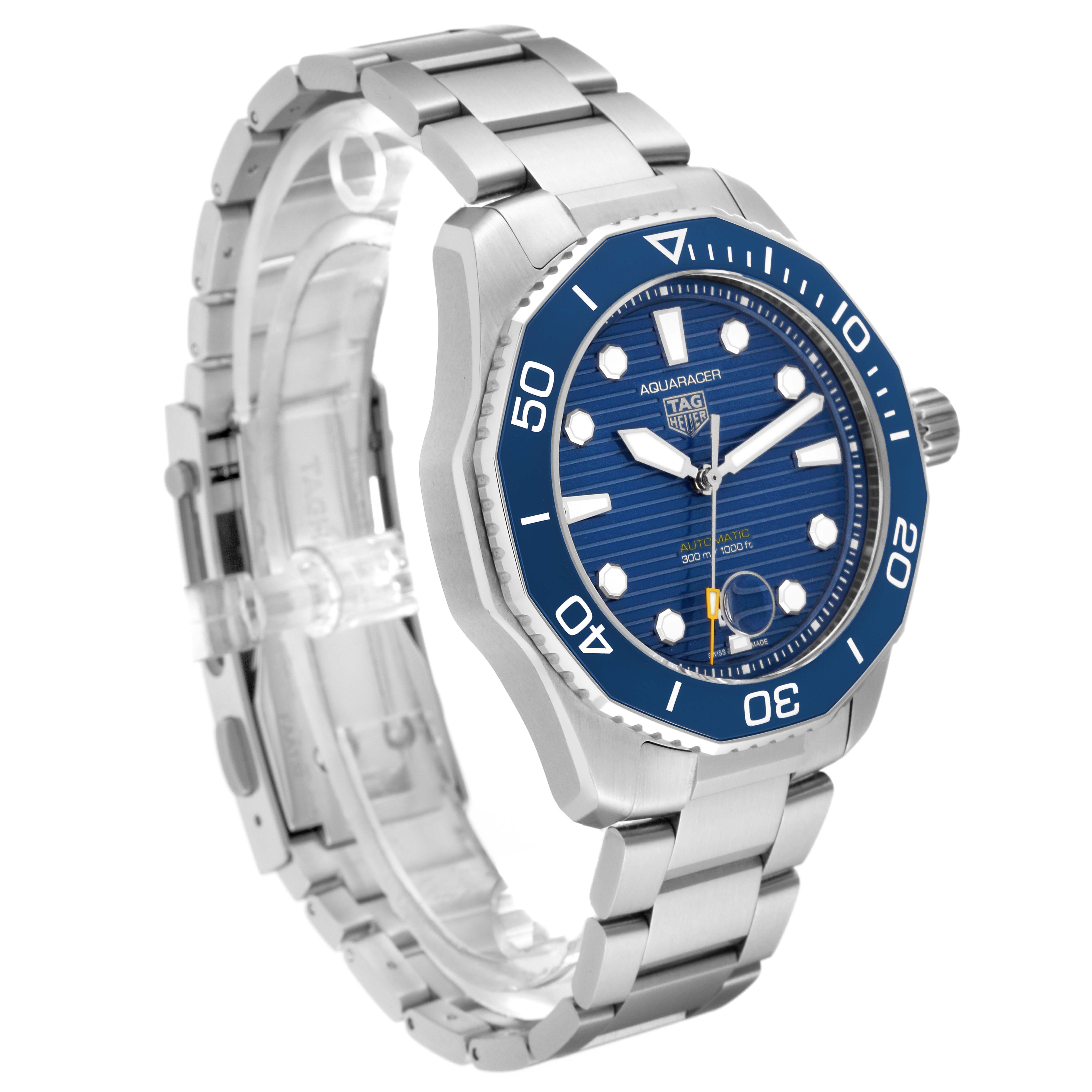 This image shows a Tag Heuer Aquaracer WBP201B.BA0632 Men's Stainless Steel Blue Dial WBP201B.BA0632 Men's Stainless Steel Blue Dial watch at a slight angle, highlighting the face, bezel, crown, and metal bracelet.