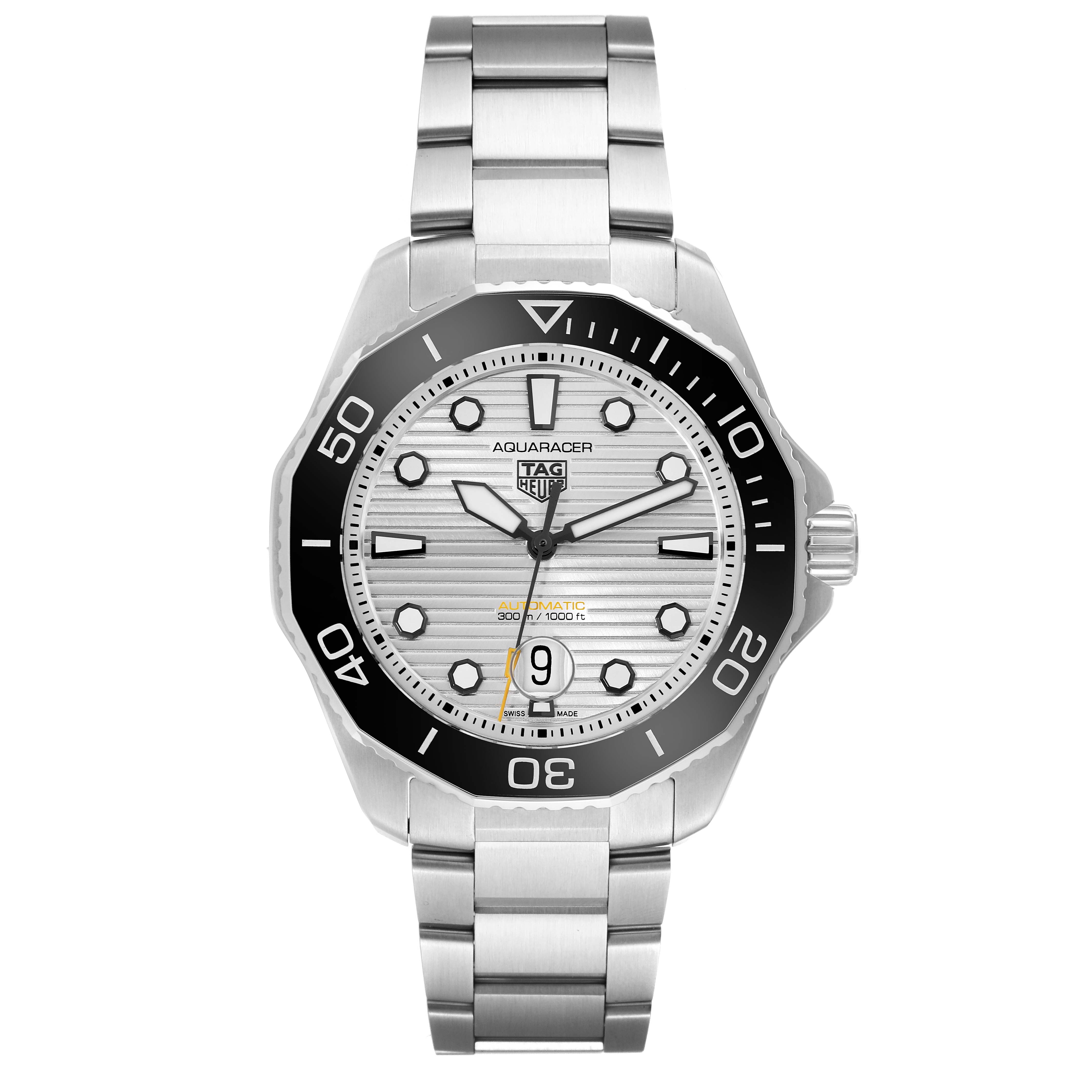 This image shows a front view of a Tag Heuer Aquaracer WBP201C Men's Stainless Steel Silver Dial WBP201C Men's Stainless Steel Silver Dial watch, displaying the dial, hands, bezel, and bracelet.