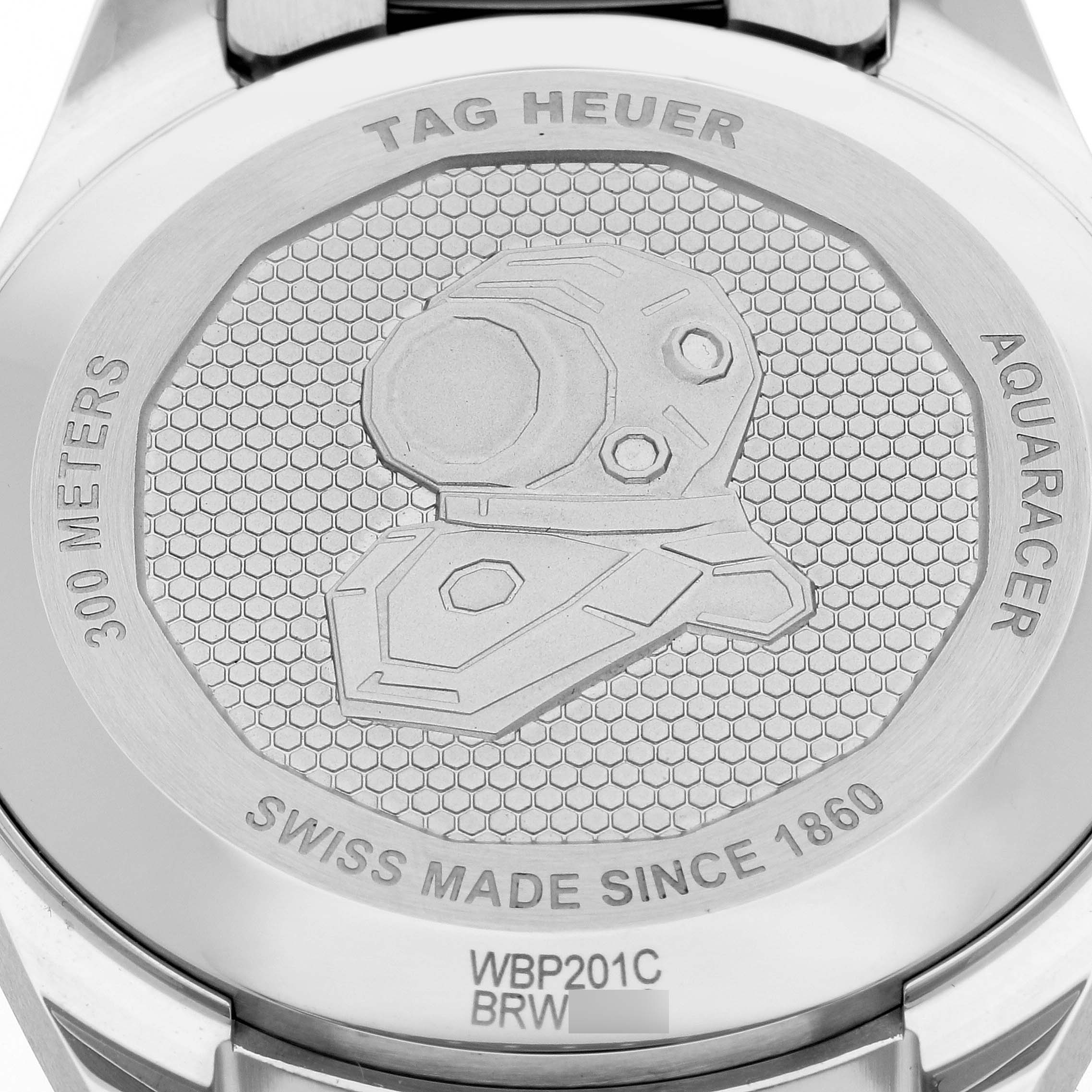 The image shows the case back of the Tag Heuer Aquaracer WBP201C Men's Stainless Steel Silver Dial WBP201C Men's Stainless Steel Silver Dial watch with model number and other engravings.
