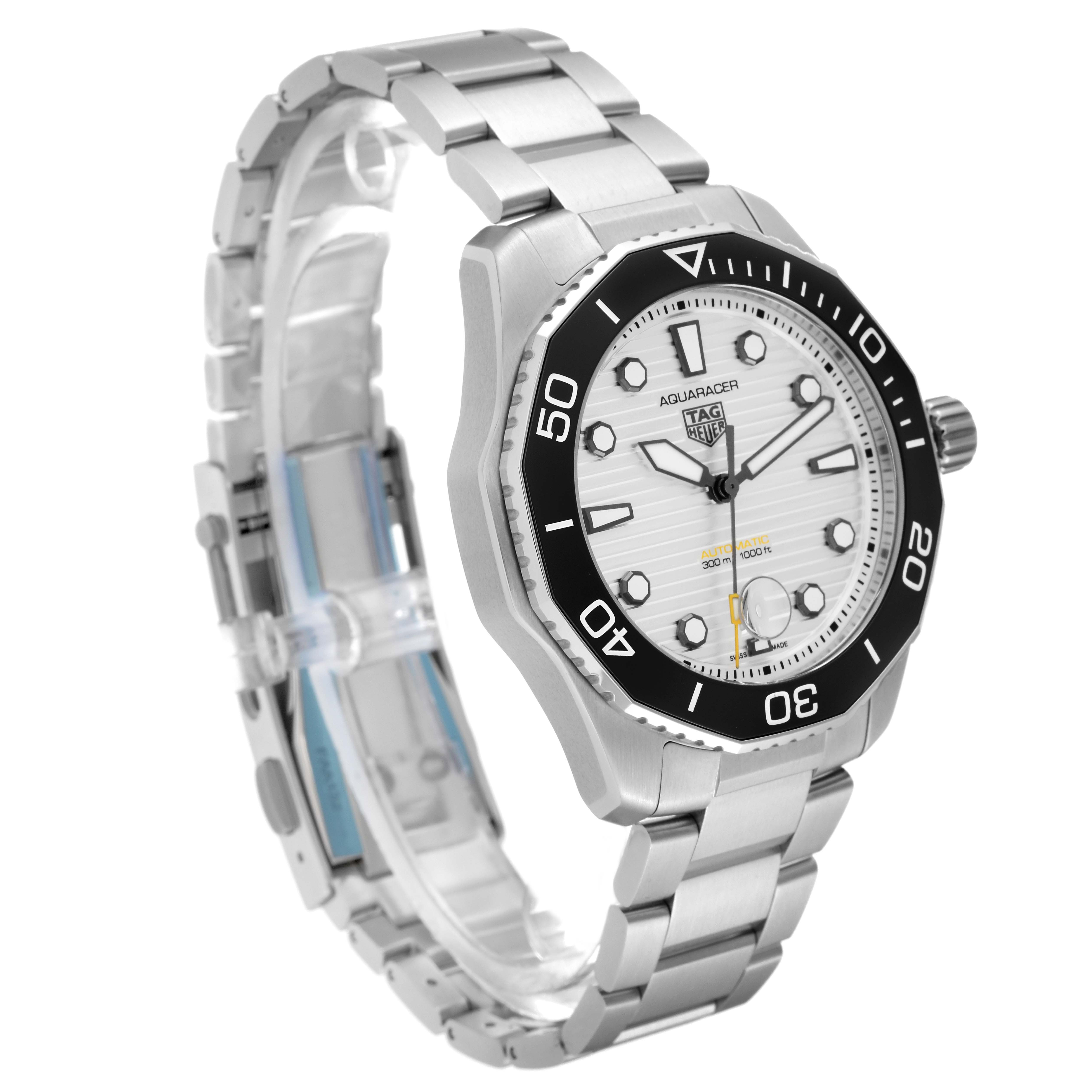 The image shows a side angle of a Tag Heuer Aquaracer WBP201C Men's Stainless Steel Silver Dial WBP201C Men's Stainless Steel Silver Dial watch, highlighting the face, bezel, crown, and stainless steel bracelet.