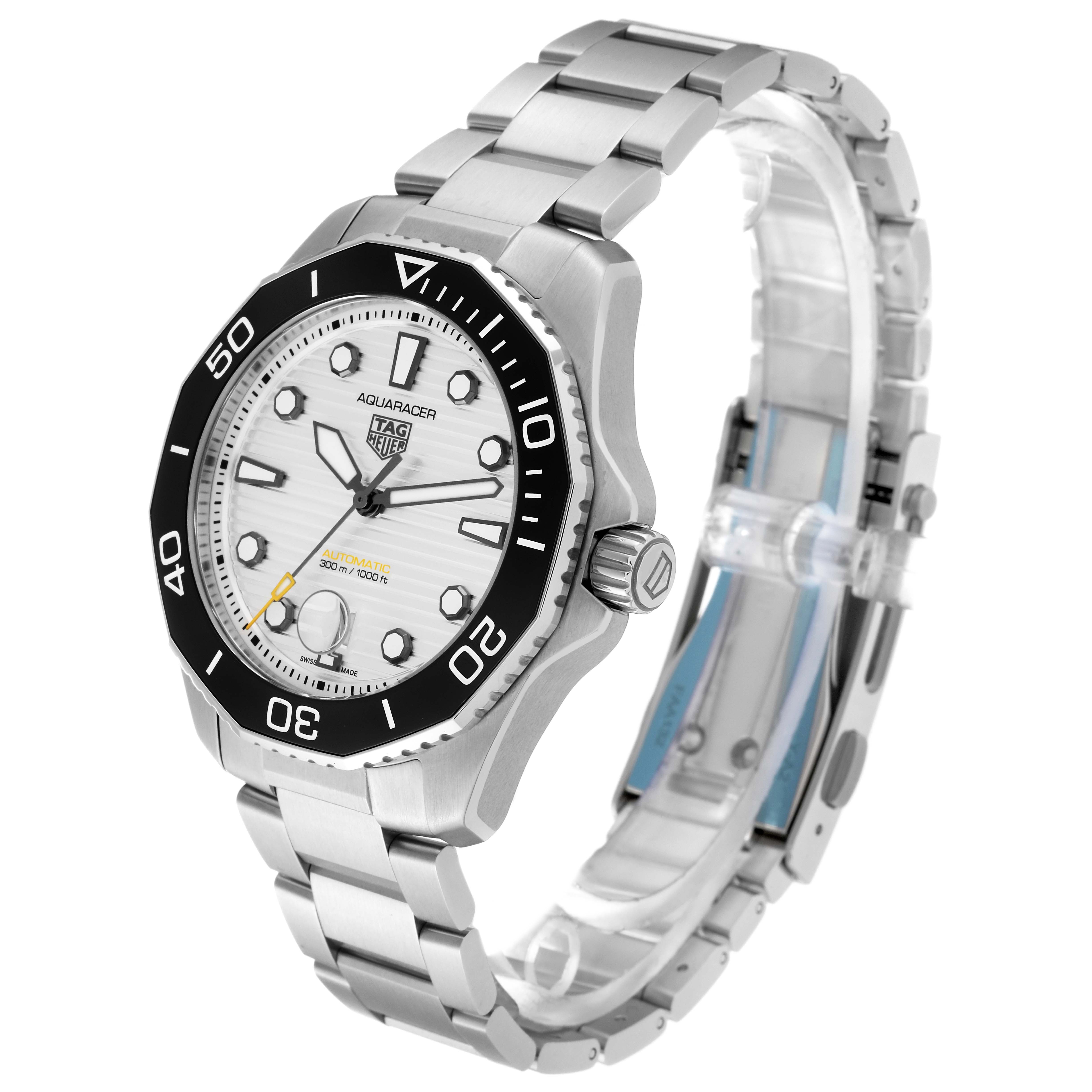 The image shows a Tag Heuer Aquaracer WBP201C Men's Stainless Steel Silver Dial WBP201C Men's Stainless Steel Silver Dial watch from a front-side angle, displaying its face and metal bracelet.