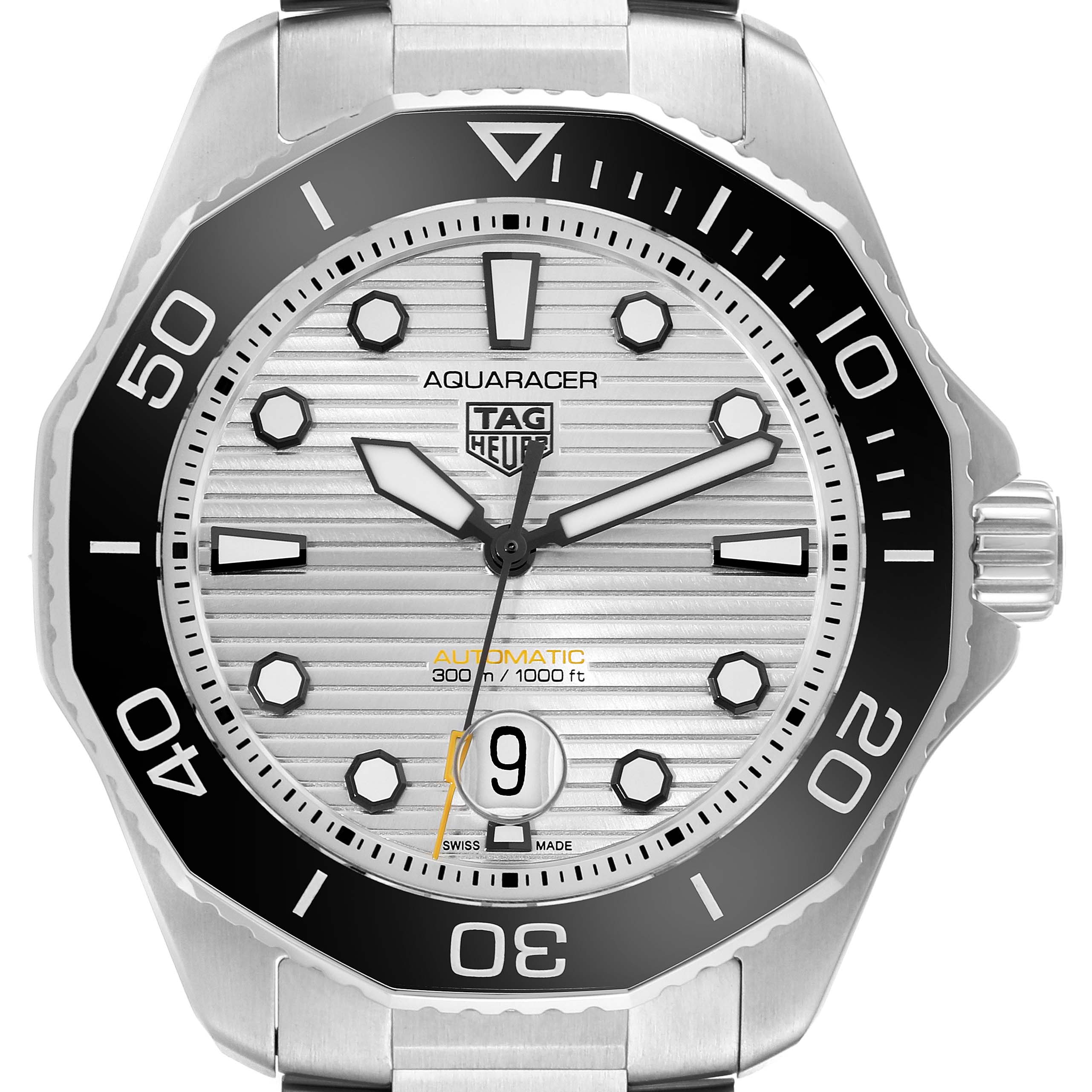 The image shows a front view of the Tag Heuer Aquaracer WBP201C Men's Stainless Steel Silver Dial WBP201C Men's Stainless Steel Silver Dial watch, highlighting its dial, bezel, and crown.