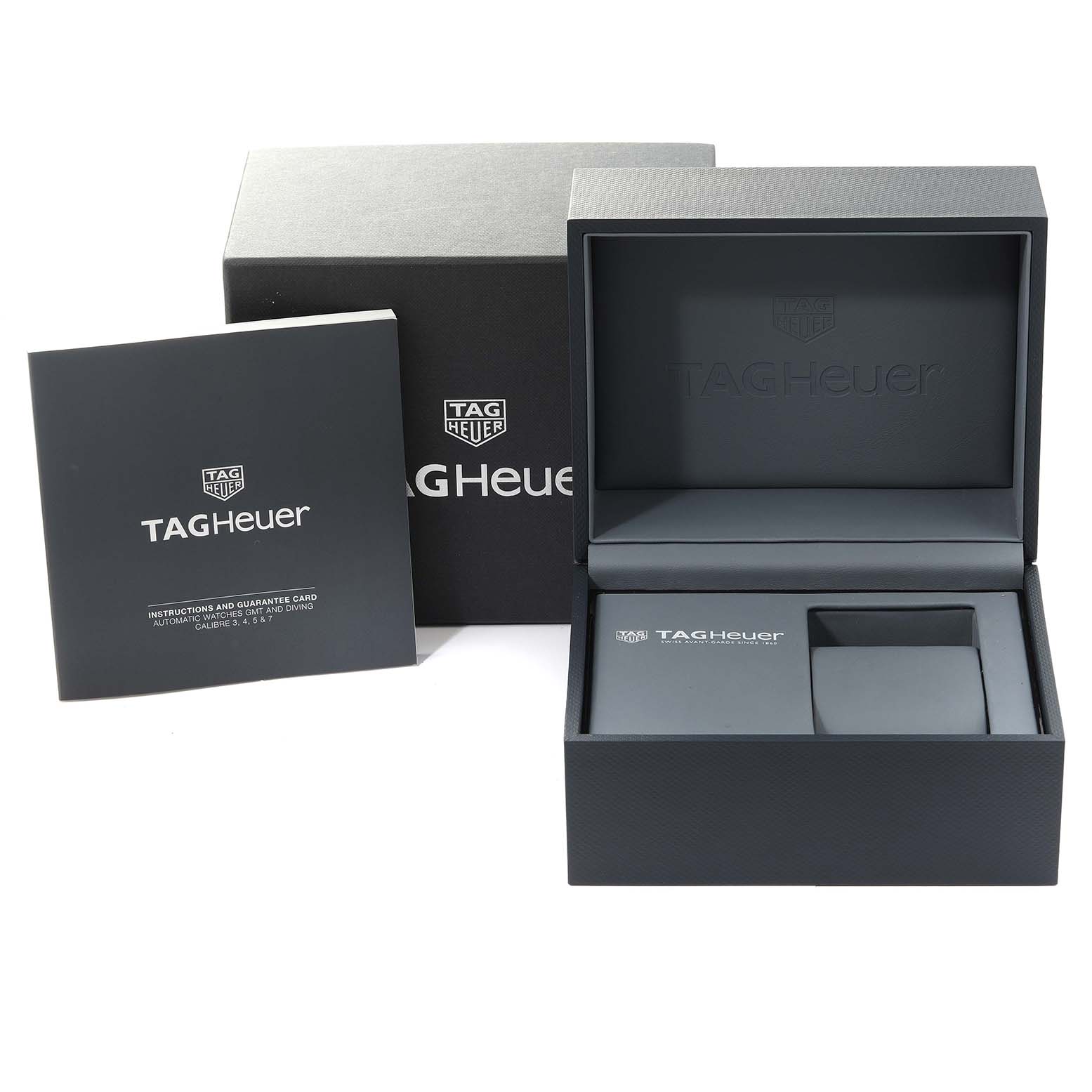 The image shows an open Tag Heuer Aquaracer WBP201C Men's Stainless Steel Silver Dial WBP201C Men's Stainless Steel Silver Dial watch box, outer packaging, and instruction booklet.