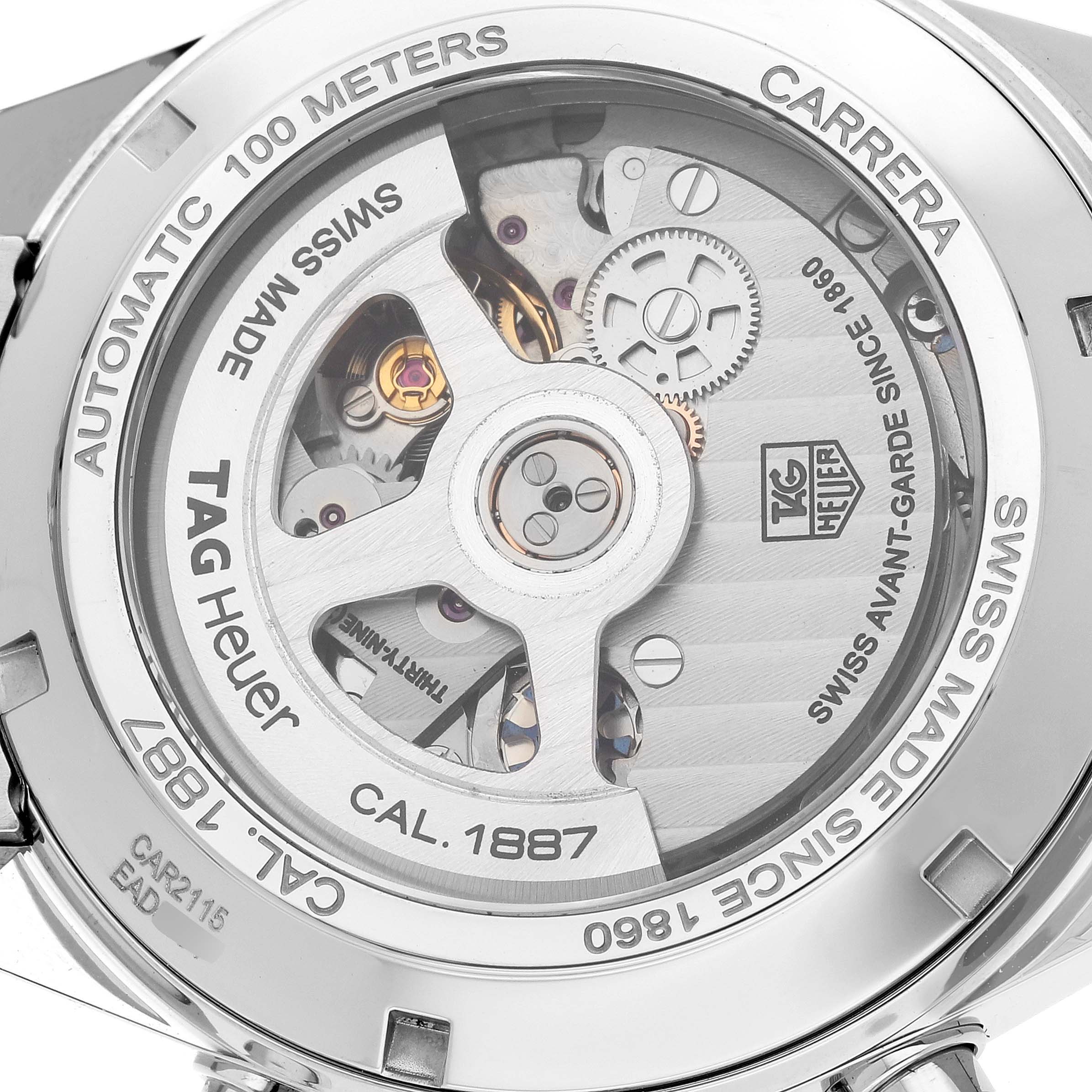 The image shows the back view of a Tag Heuer Carrera CAR2115 Men's Stainless Steel Blue Dial CAR2115 Men's Stainless Steel Blue Dial watch, highlighting its internal mechanical components.