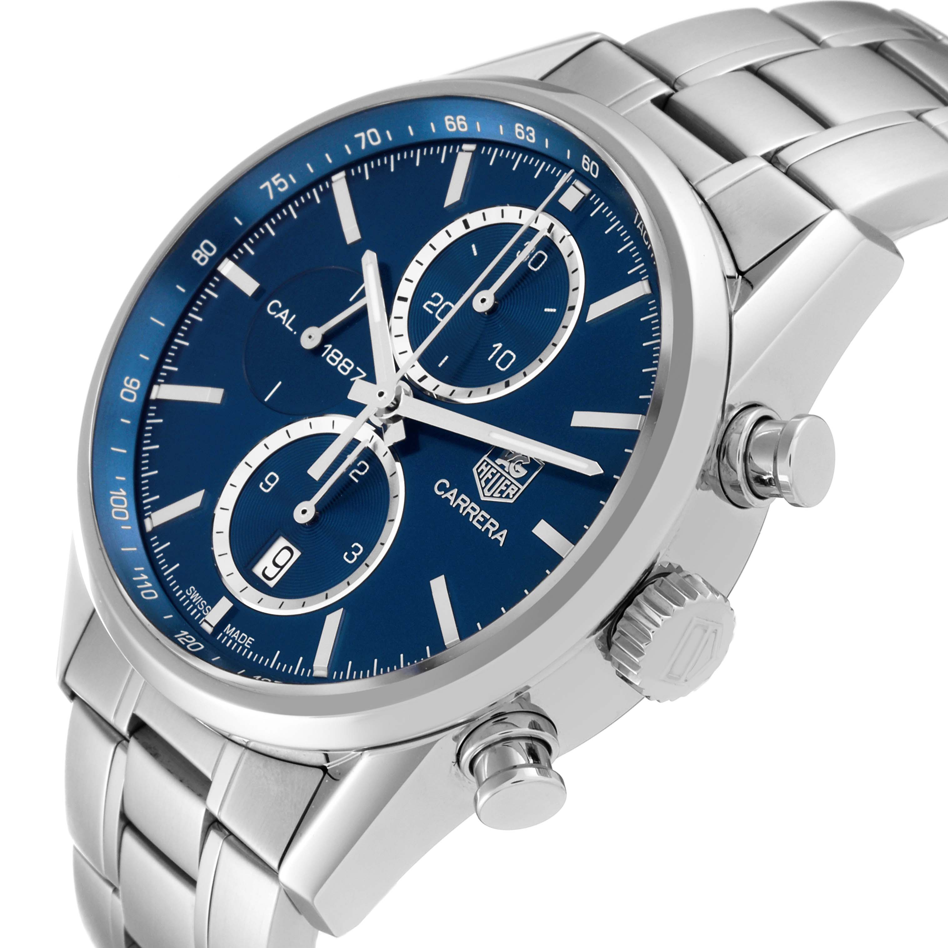 The image shows an angled view of the face, crown, and strap of a Tag Heuer Carrera CAR2115 Men's Stainless Steel Blue Dial CAR2115 Men's Stainless Steel Blue Dial watch.