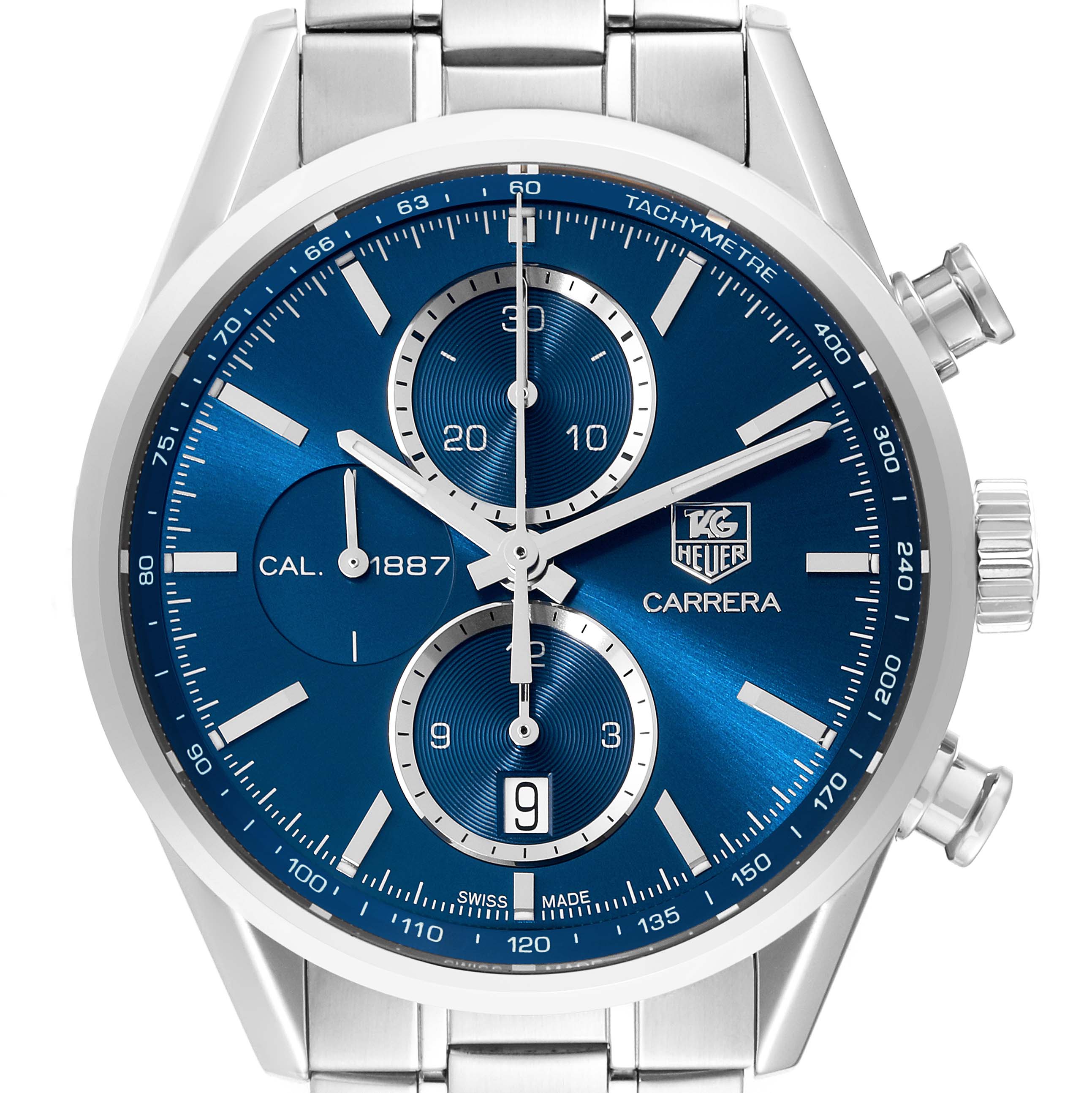This image shows a front view of a Tag Heuer Carrera CAR2115 Men's Stainless Steel Blue Dial CAR2115 Men's Stainless Steel Blue Dial watch, highlighting the blue dial, sub-dials, date display, and tachymeter scale.