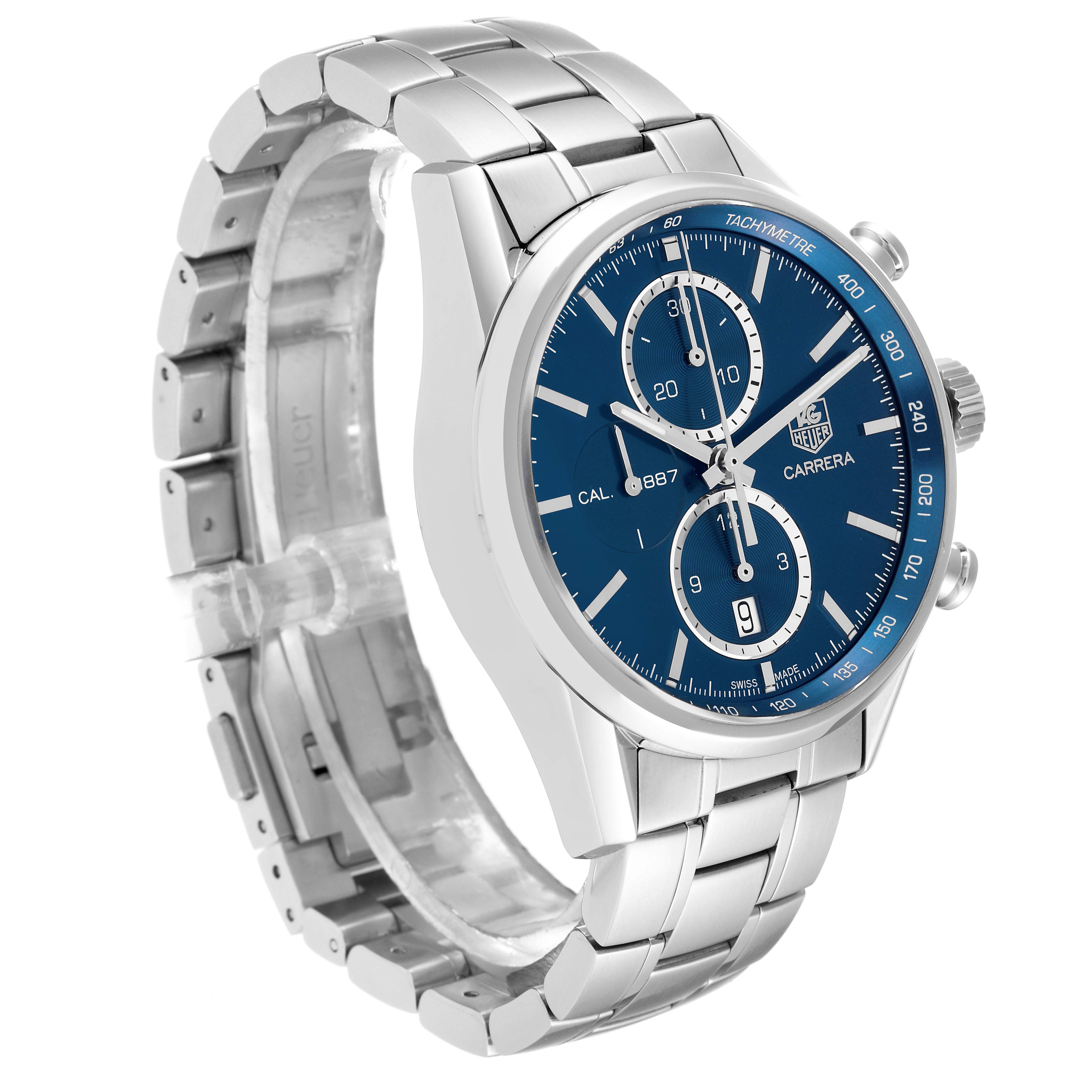 The Tag Heuer Carrera CAR2115 Men's Stainless Steel Blue Dial CAR2115 Men's Stainless Steel Blue Dial watch is shown at a slight angle, showcasing the dial, bezel, case, and part of the bracelet.