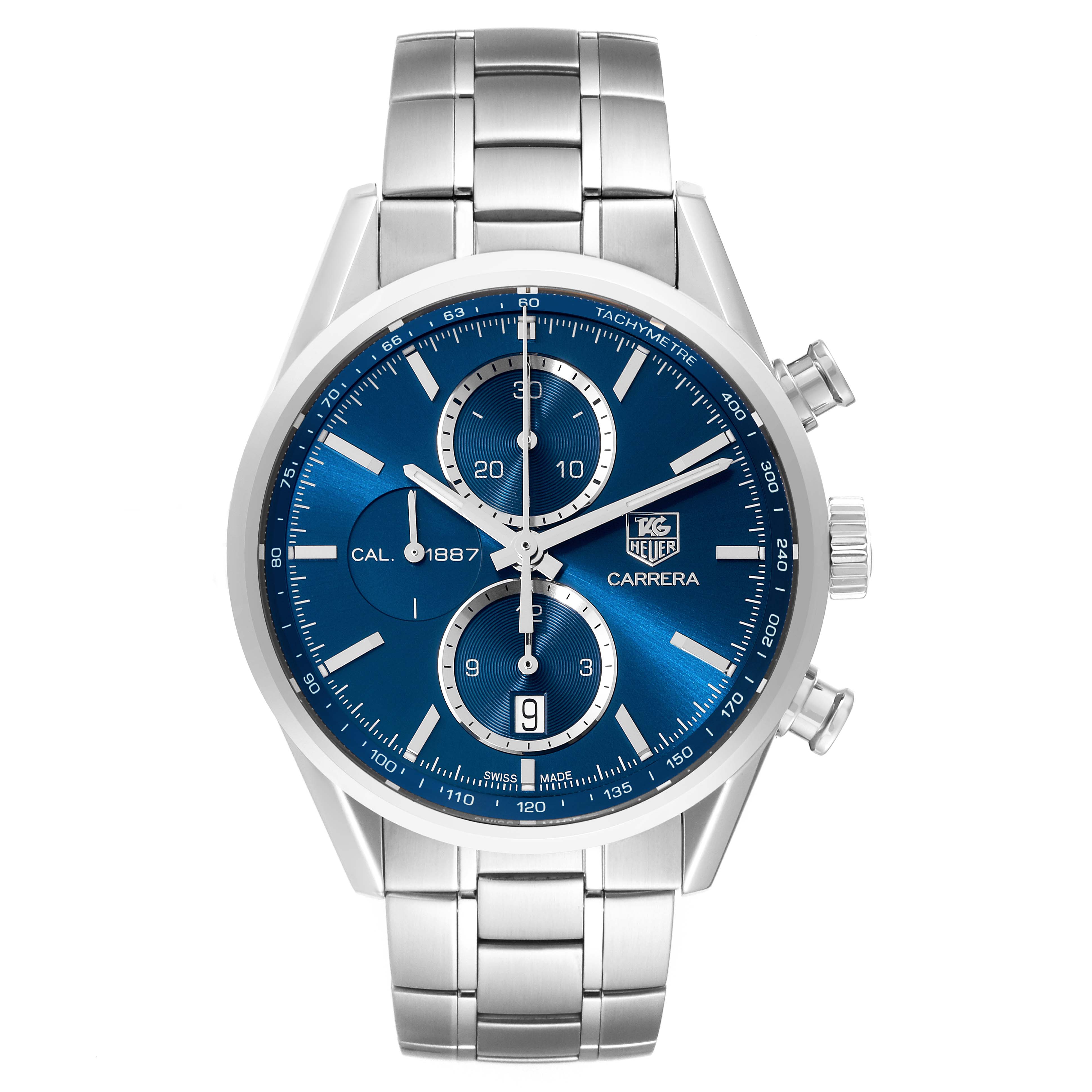 The image shows a Tag Heuer Carrera CAR2115 Men's Stainless Steel Blue Dial CAR2115 Men's Stainless Steel Blue Dial watch at a front angle, featuring a blue dial, three subdials, and a metal bracelet.