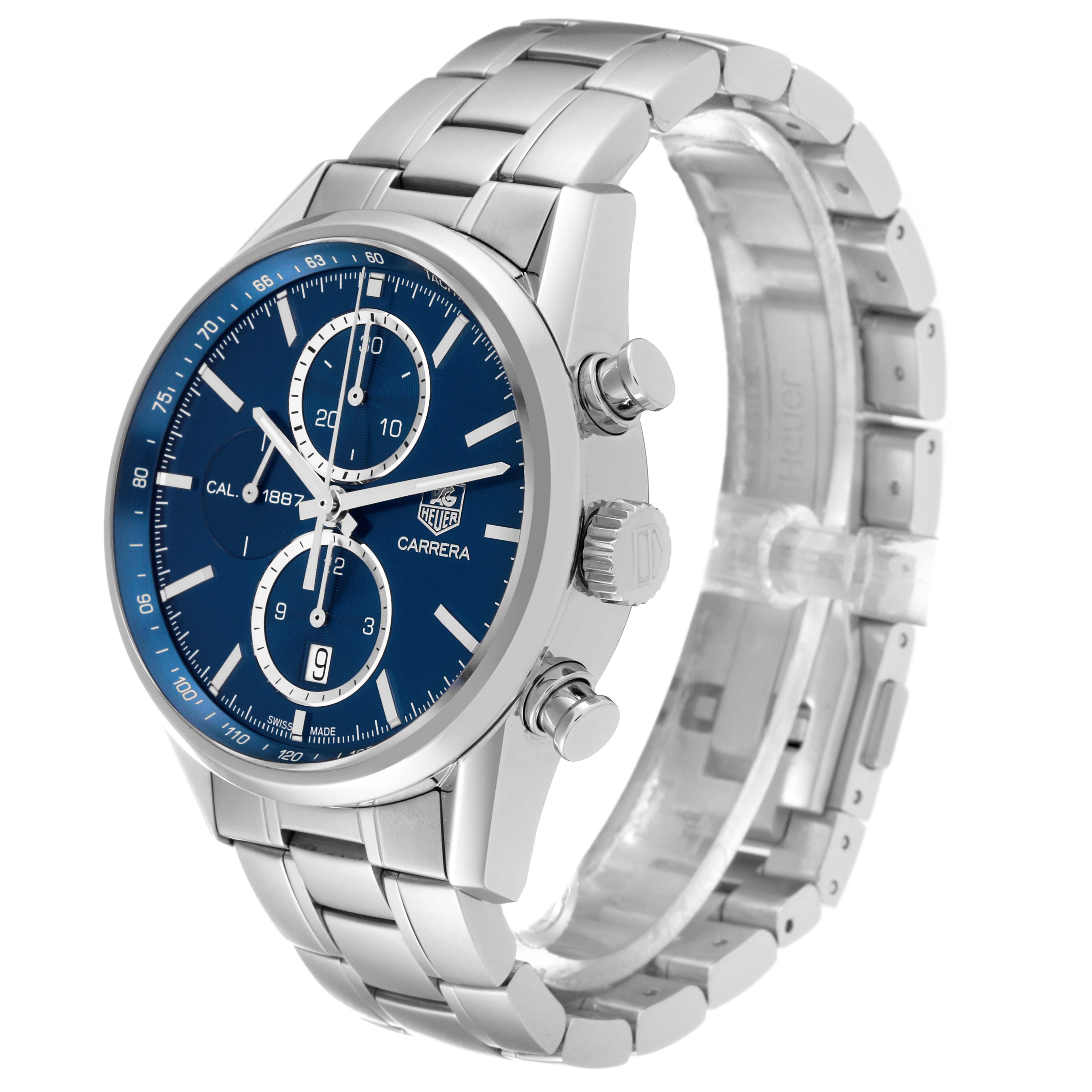The image shows a side angle of the Tag Heuer Carrera CAR2115 Men's Stainless Steel Blue Dial CAR2115 Men's Stainless Steel Blue Dial watch, highlighting its blue dial, chronograph buttons, and stainless steel bracelet.