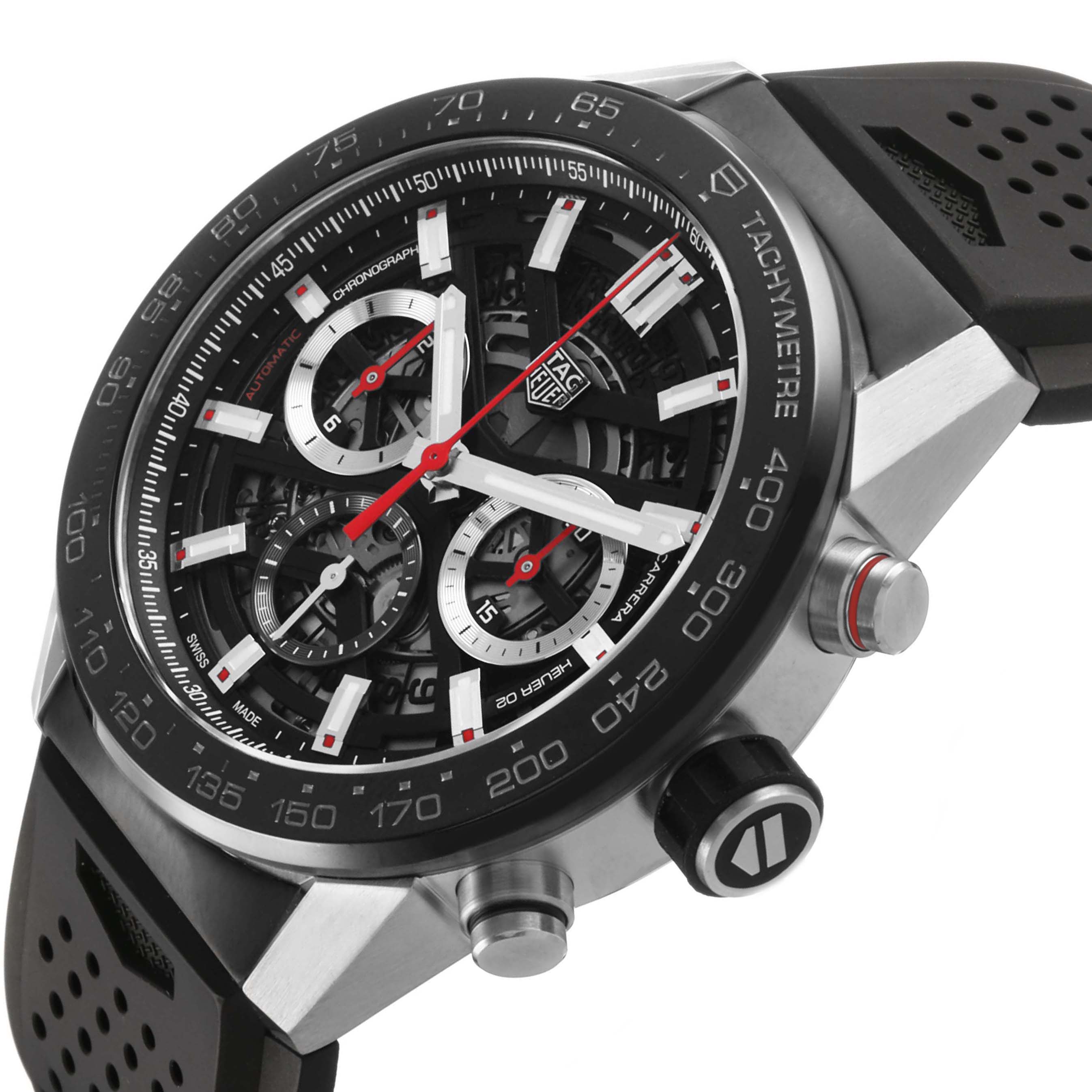 The image shows the Tag Heuer Carrera CBG2A10.FT6168 Men's Stainless Steel Black Dial watch at an angled side view, highlighting the dial, chronograph subdials, bezel, and pushers.