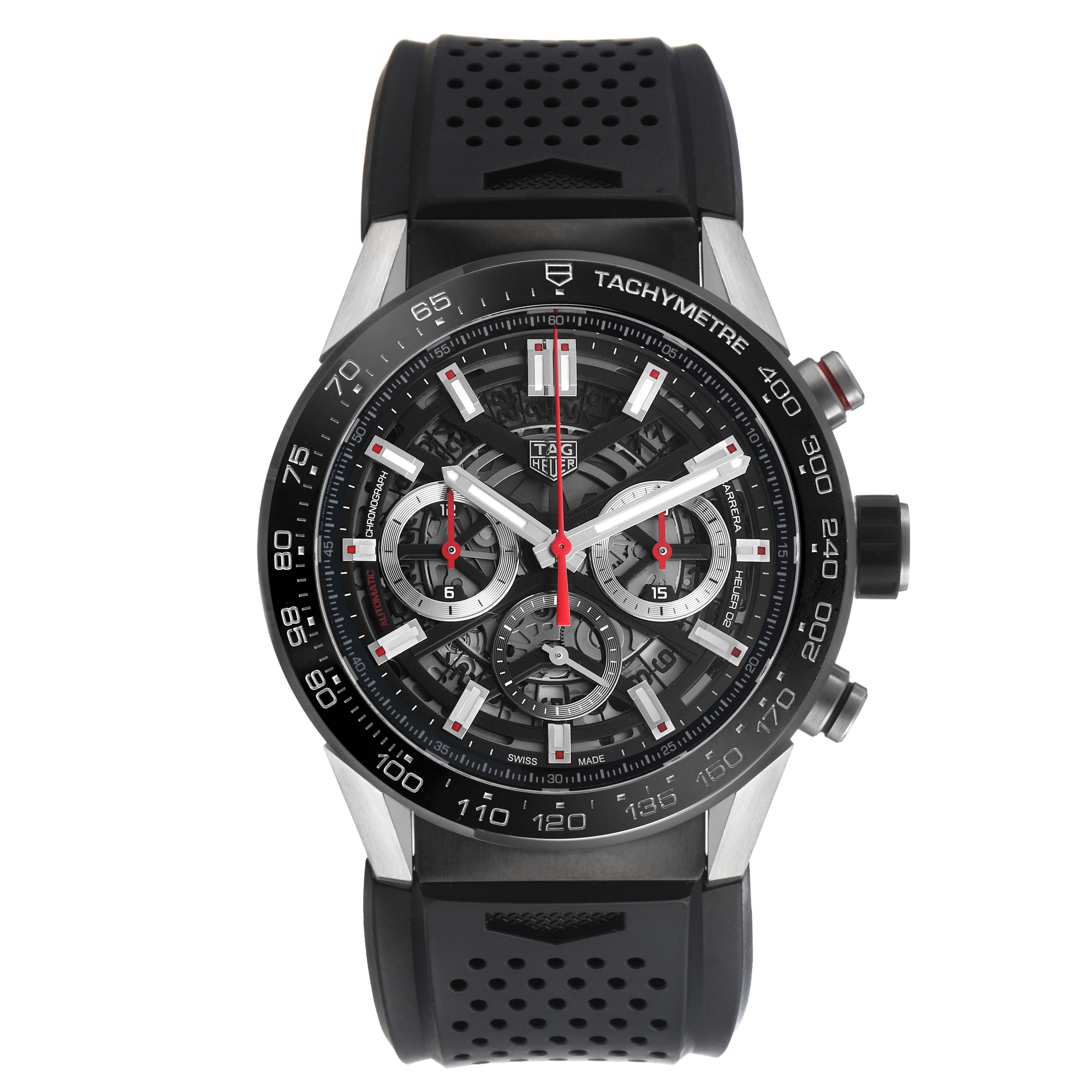 The Tag Heuer Carrera CBG2A10.FT6168 Men's Stainless Steel Black Dial watch is shown from a front angle, highlighting its dial, tachymeter bezel, and perforated black strap.