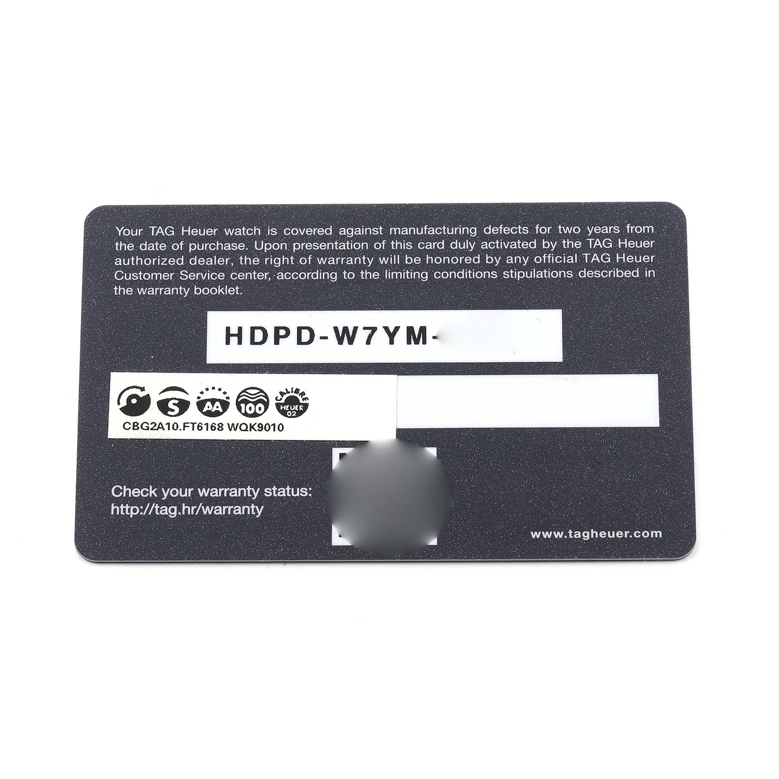The image shows a warranty card for a Tag Heuer Carrera CBG2A10.FT6168 Men's Stainless Steel Black Dial watch.