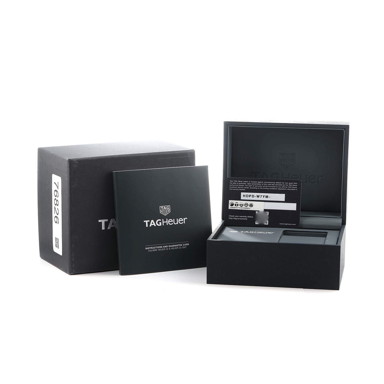 The Tag Heuer Carrera CBG2A10.FT6168 Men's Stainless Steel Black Dial set includes an open watch box, outer box, manual, and warranty card.