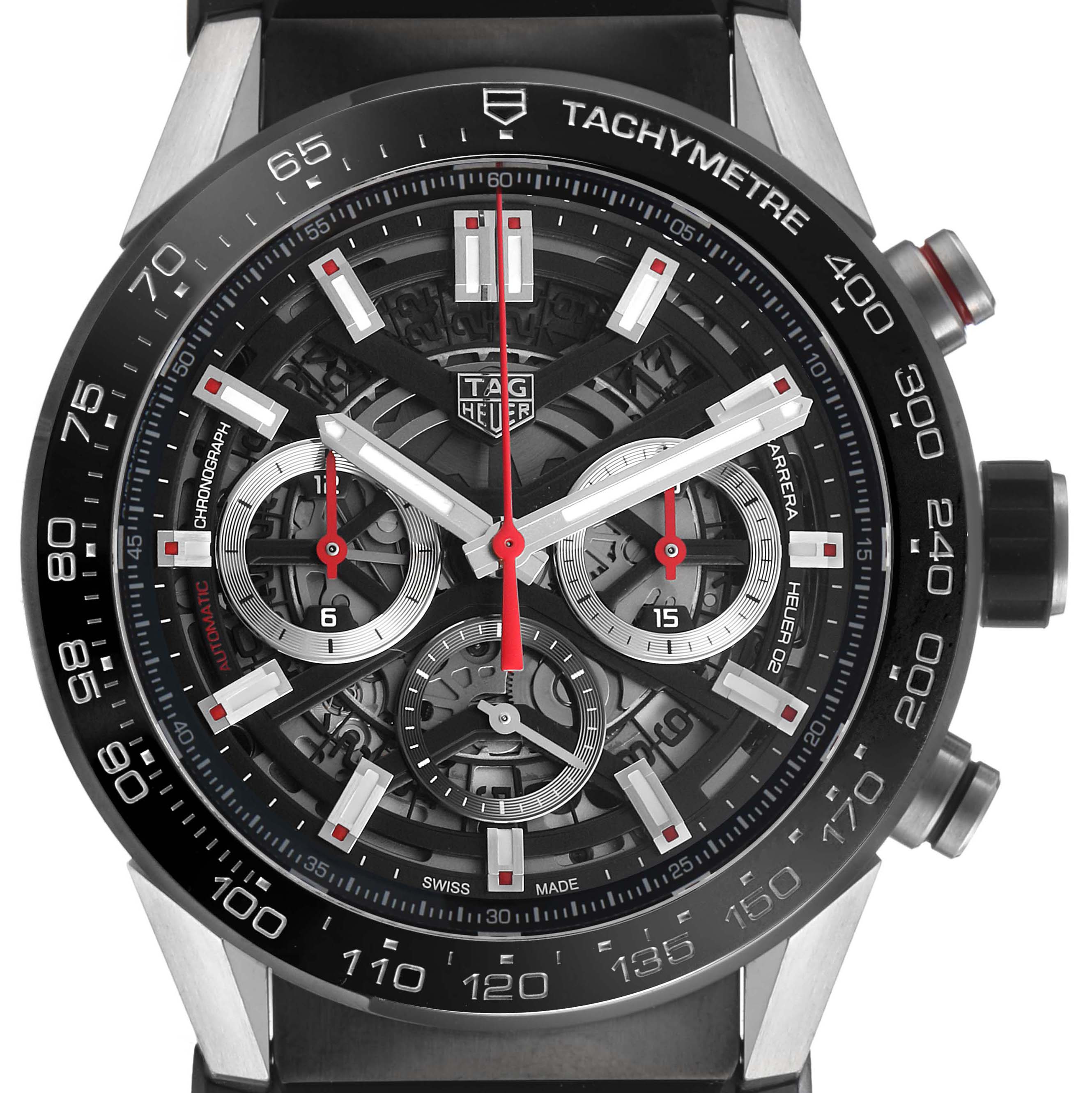 The TAG Heuer Carrera watch is shown from the front, highlighting its chronograph subdials, bezel, and tachymeter scale.