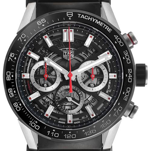 The Tag Heuer Carrera CBG2A10.FT6168 Men's Stainless Steel Black Dial watch is shown from the front, highlighting its tachymeter, subdials, and skeleton dial.