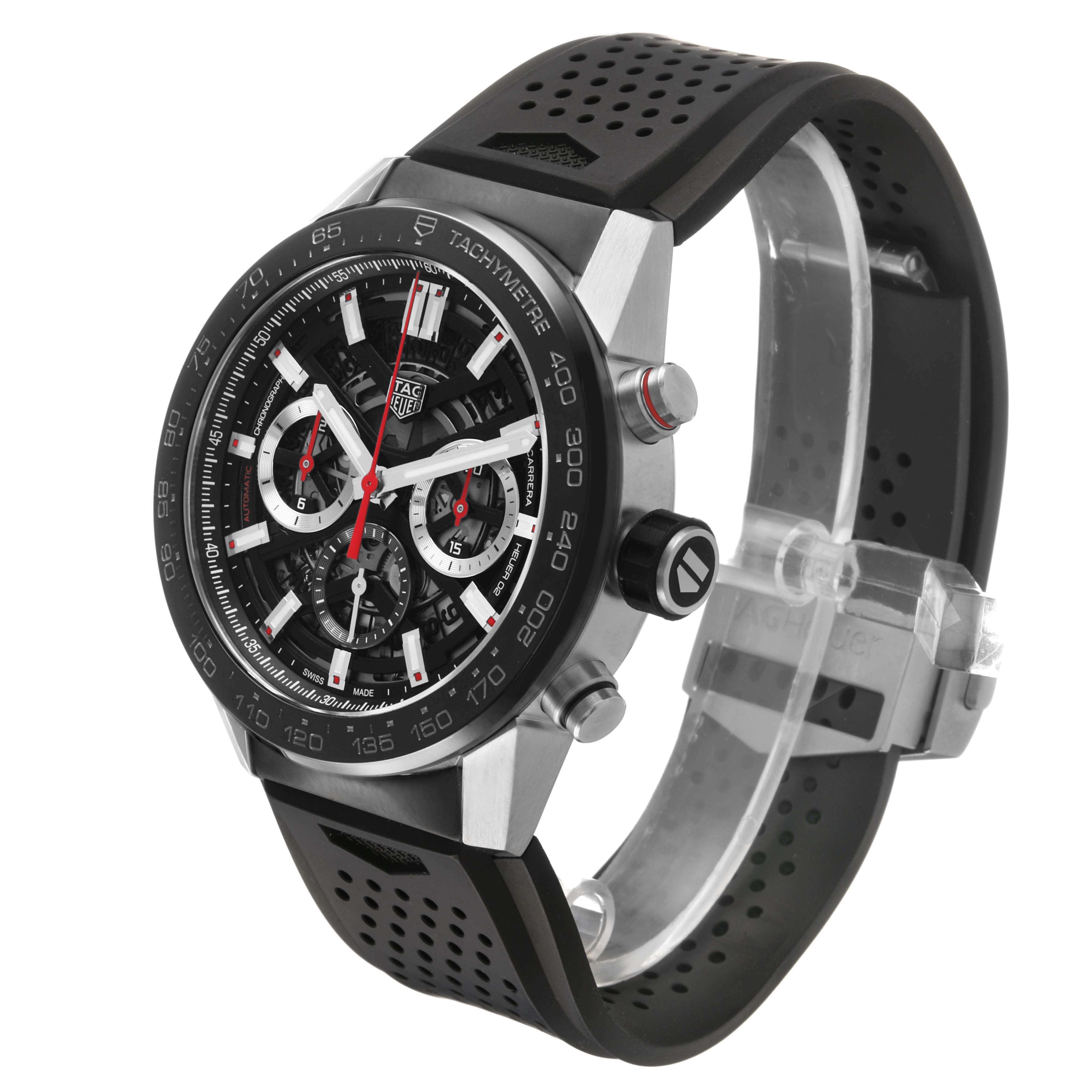 The Tag Heuer Carrera CBG2A10.FT6168 Men's Stainless Steel Black Dial watch is shown at a three-quarter angle, displaying the face, bezel, and side buttons.