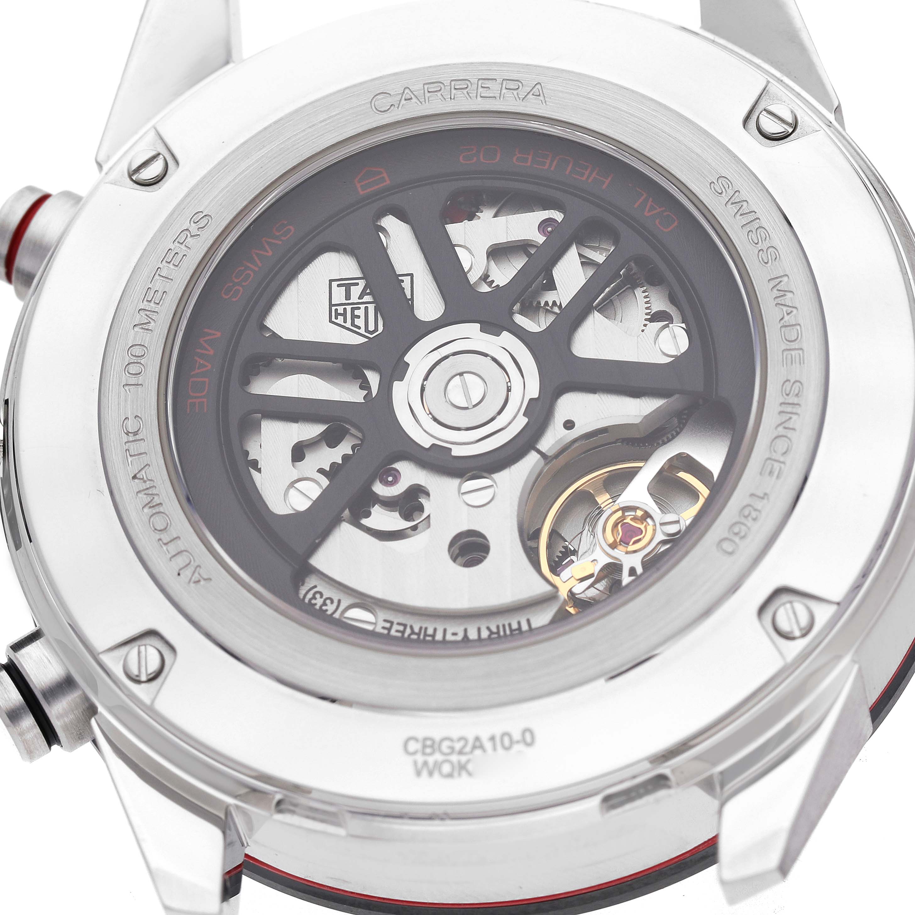 The image shows the back case of a Tag Heuer Carrera CBG2A10.FT6168 Men's Stainless Steel Black Dial, highlighting the automatic movement and inner mechanics.