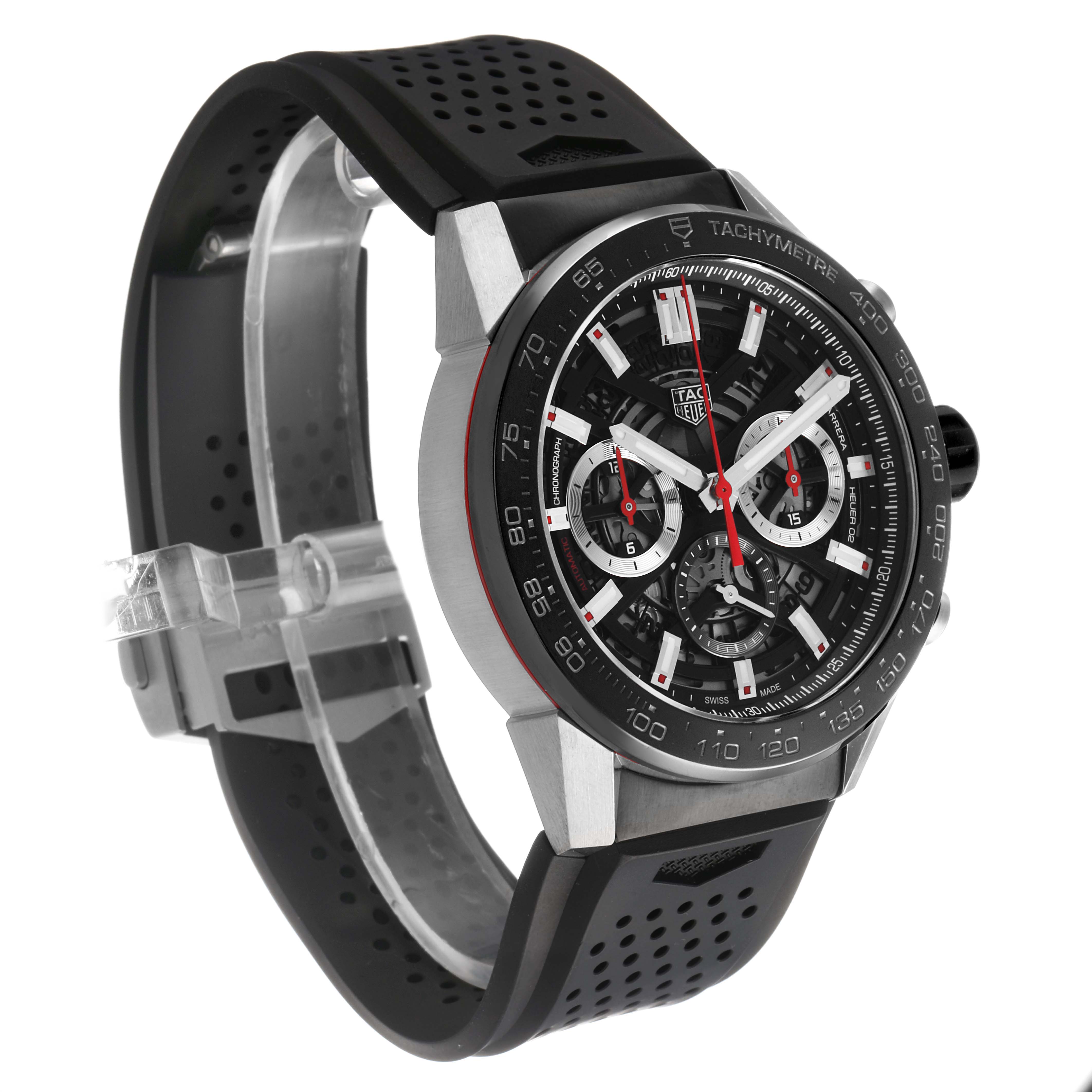 The Tag Heuer Carrera CBG2A10.FT6168 Men's Stainless Steel Black Dial watch is shown at a three-quarter angle, highlighting its tachymeter bezel, chronograph dials, and perforated strap.