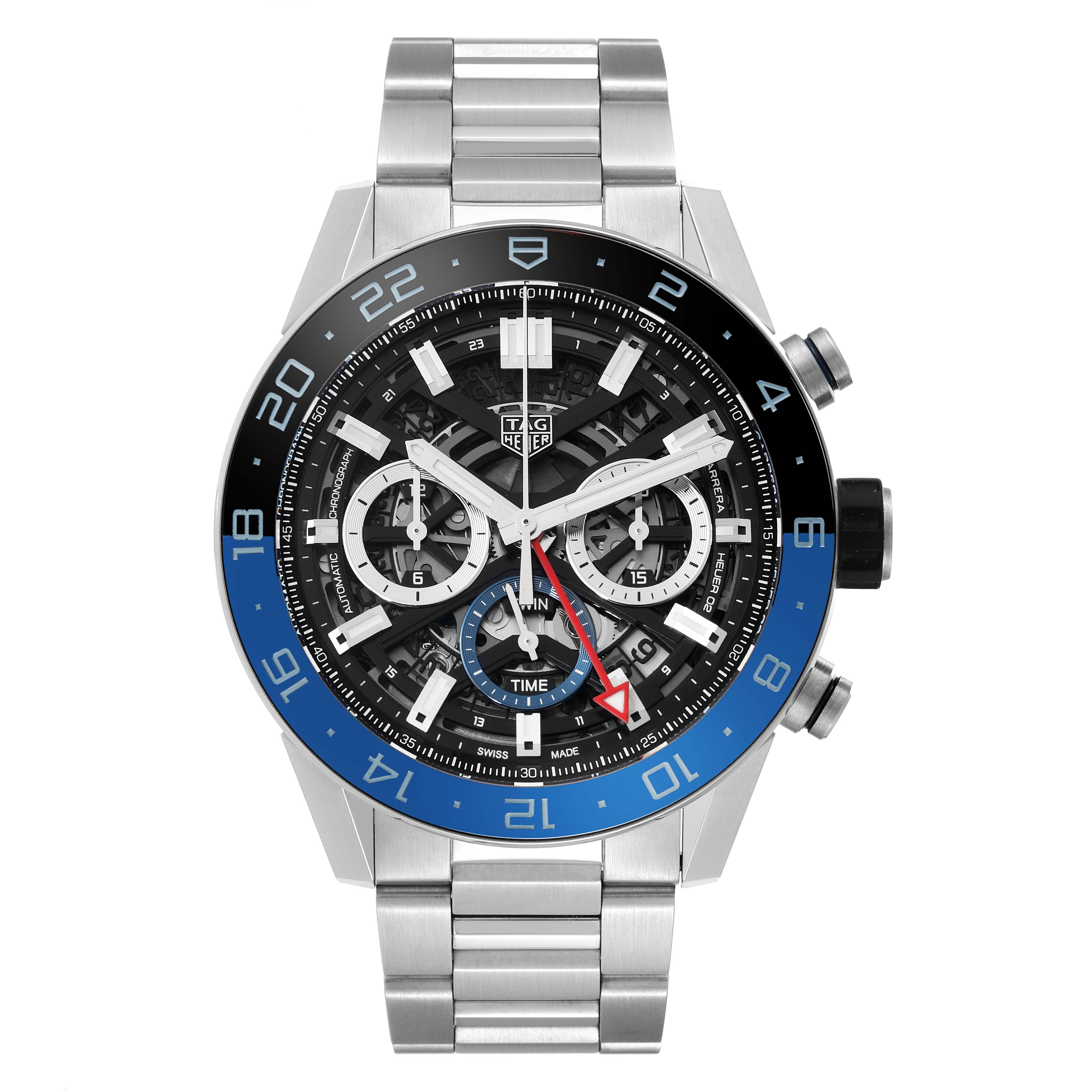 This image shows a Tag Heuer Carrera CBG2A1Z.BA0658 Men's Stainless Steel Black Dial CBG2A1Z.BA0658 Men's Stainless Steel Black Dial watch from a front angle, highlighting the dial, bezel, and metal bracelet.